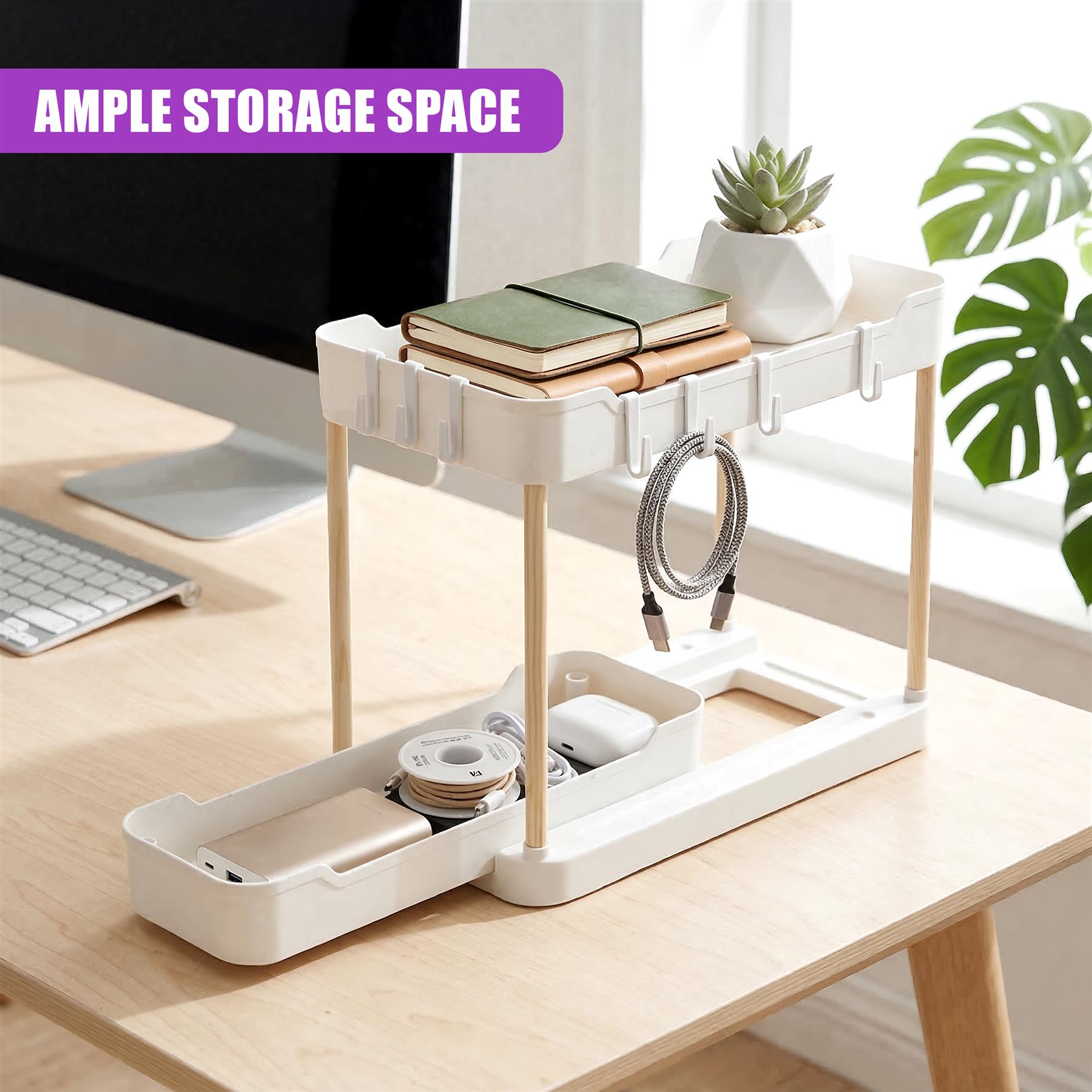 White two-level desk organizer with a pull-out tray designed for electronics and office supplies.