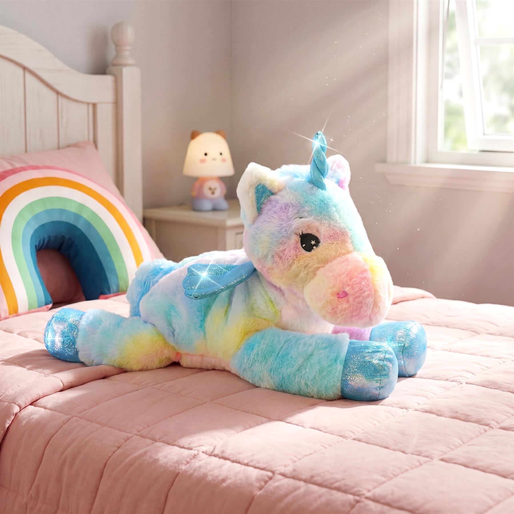 Colorful plush unicorn soft toy relaxing on pink quilted bedding near a bed.