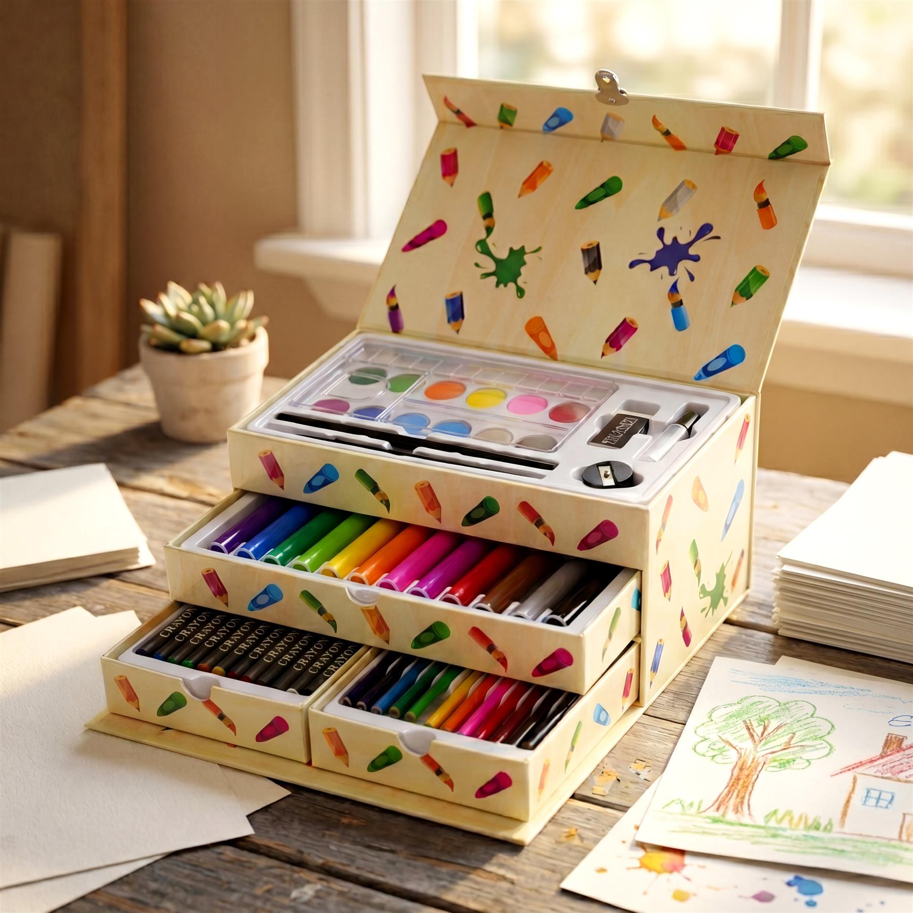 An open wooden art set displays paints, markers, and a palette on a natural wooden table surface.