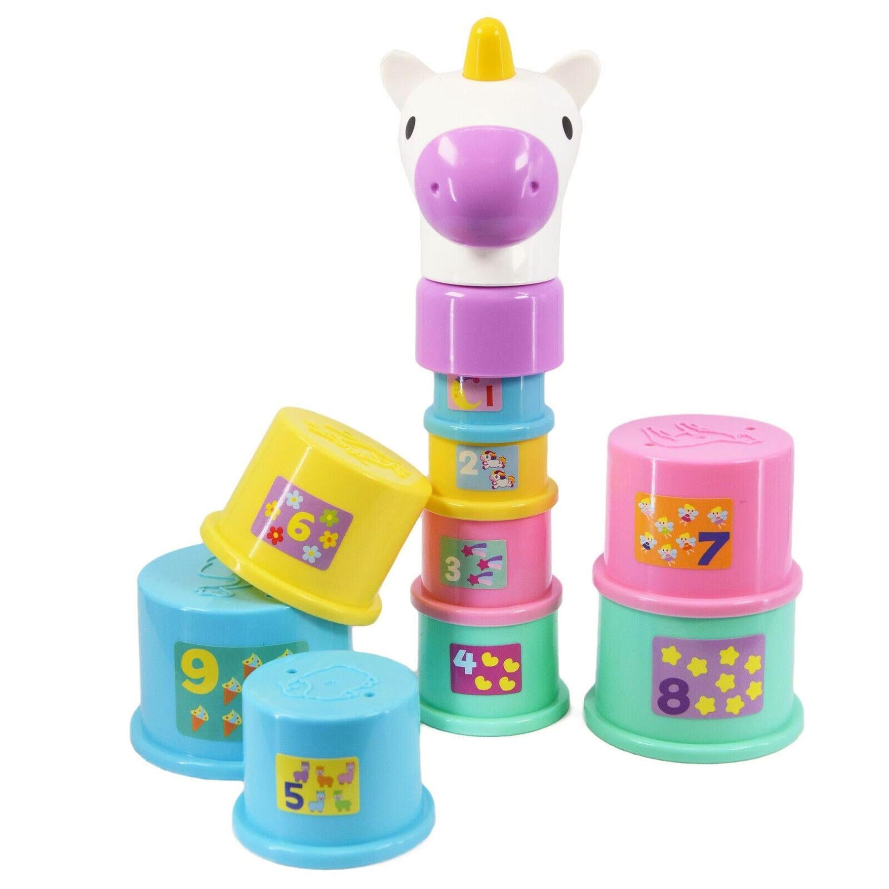 Set of colored plastic stacking cups with numbers 2 through 9 and a white unicorn head topper.
