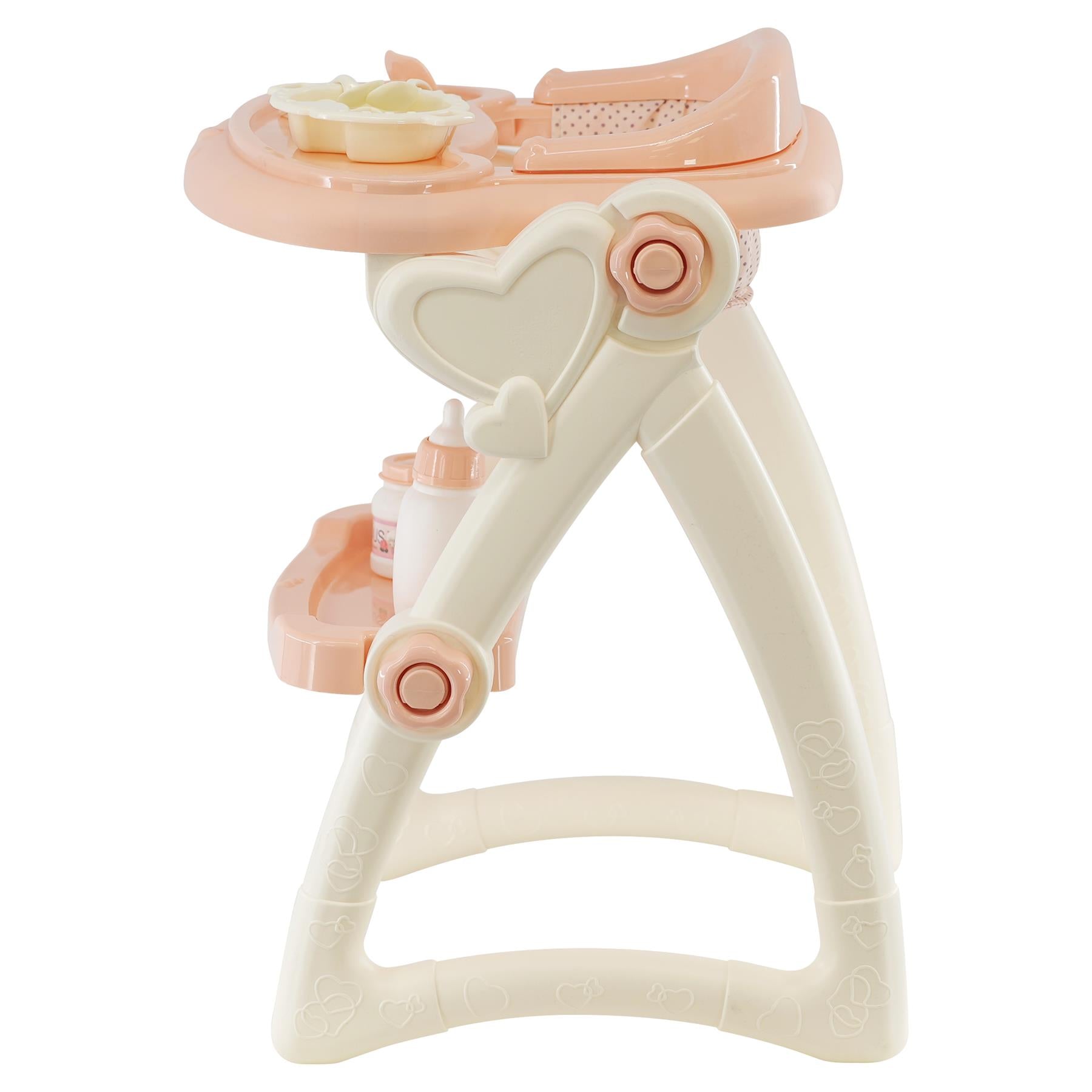 "Beige high chair for baby, featuring pink and white heart designs, two trays, and feeding accessories." - The Magic Toy Shop