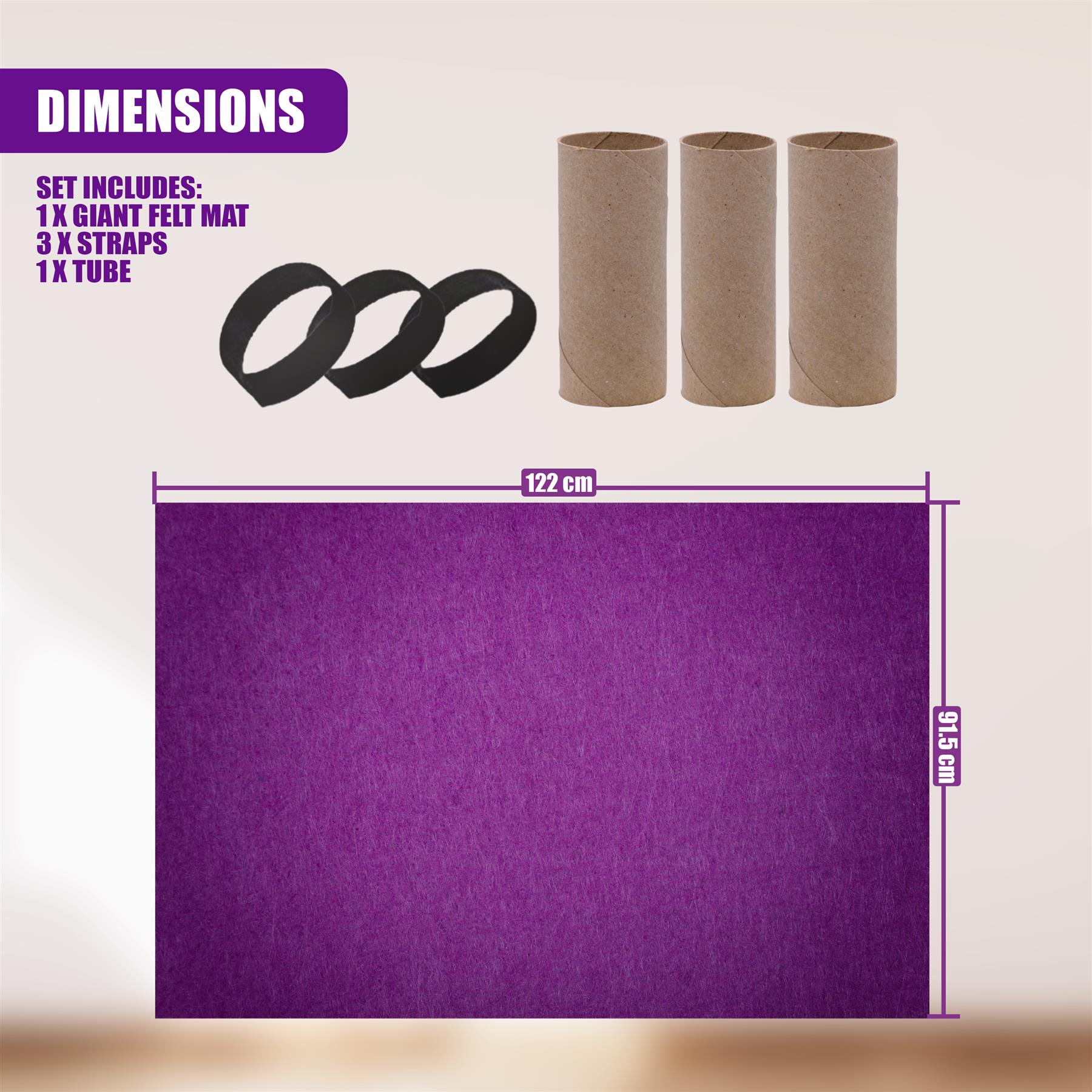 A set consisting of a purple felt mat, three cardboard tubes, and two black interlocking rings.