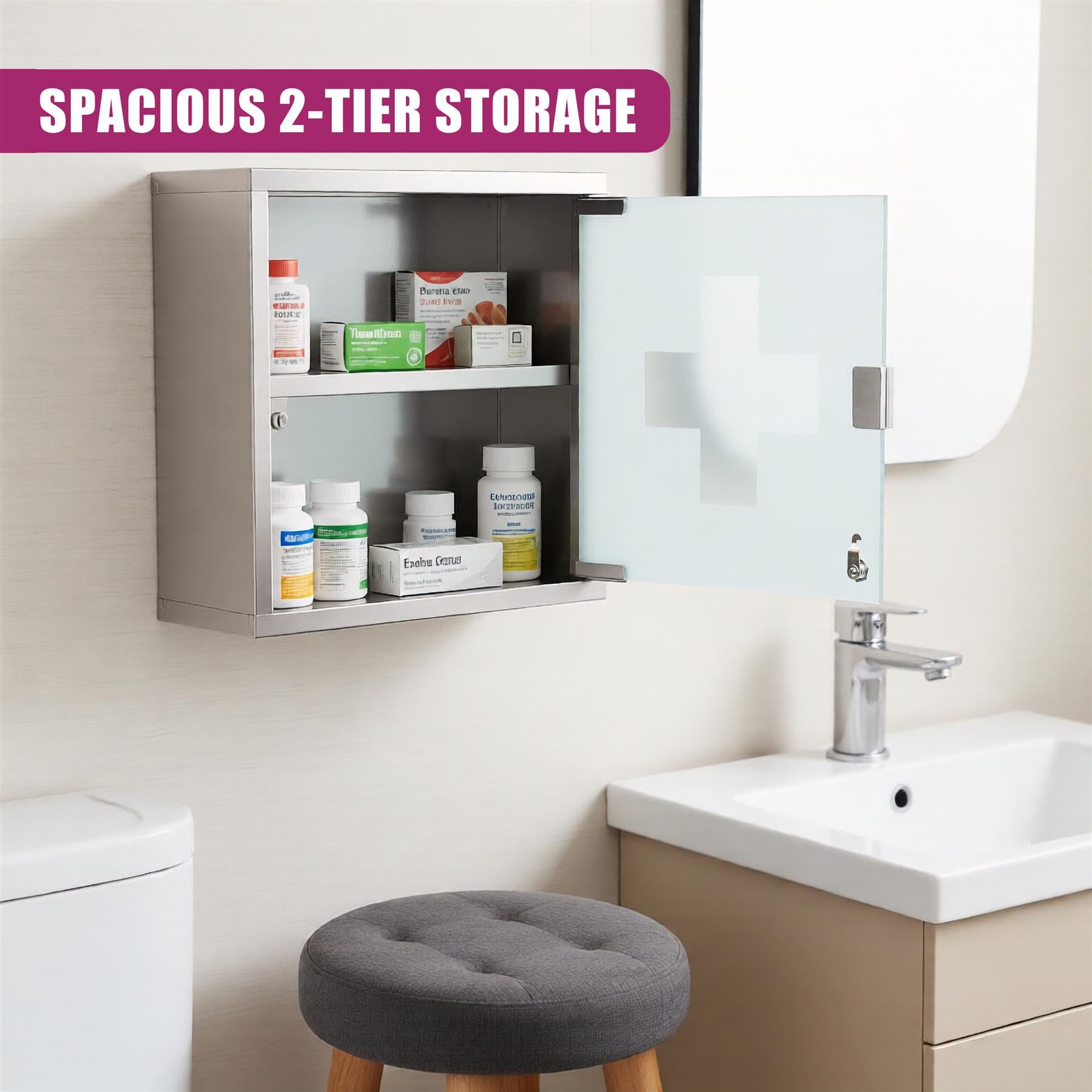 A two-tier medicine cabinet mounted above a sink, containing various stored medical items.