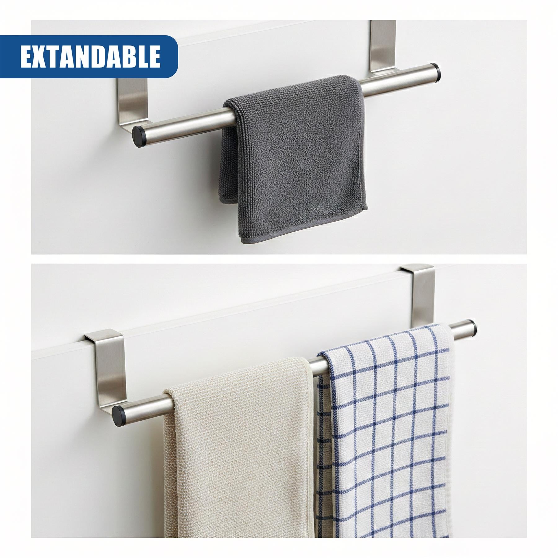Extendable metal towel rail holding a folded grey cloth on a white door.

Extendable rail displaying two hanging towels: one solid cream and one blue checkered.
