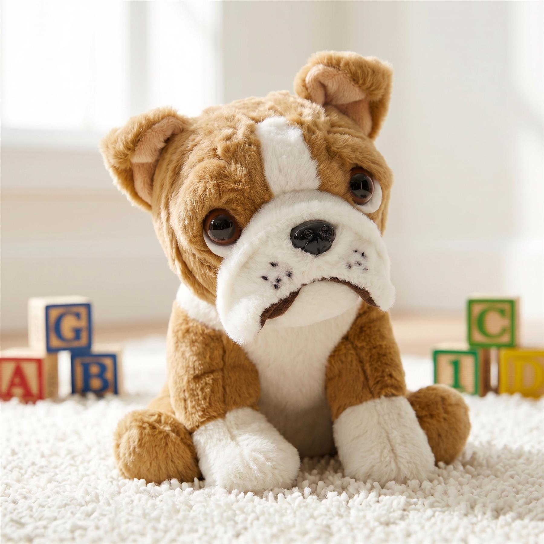 Soft toy British bulldog puppy sits among colored alphabet and number blocks.