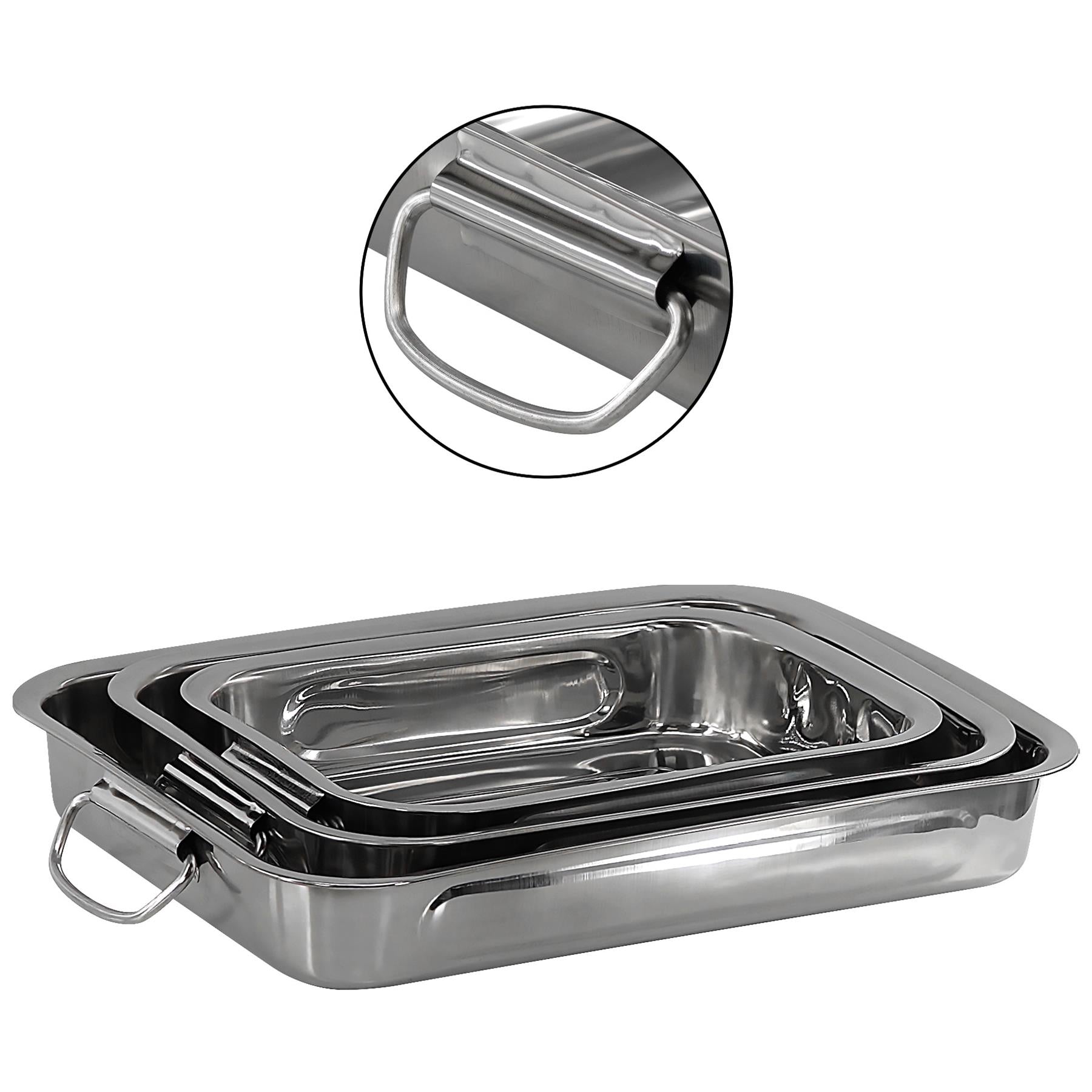 This is a set of three stainless steel roasting trays from the magic toy shop. Each tray is made of high-quality stainless steel and has a unique design with raised edges for easy handling. The trays are versatile, perfect for roasting small or large items in your oven or stovetop.