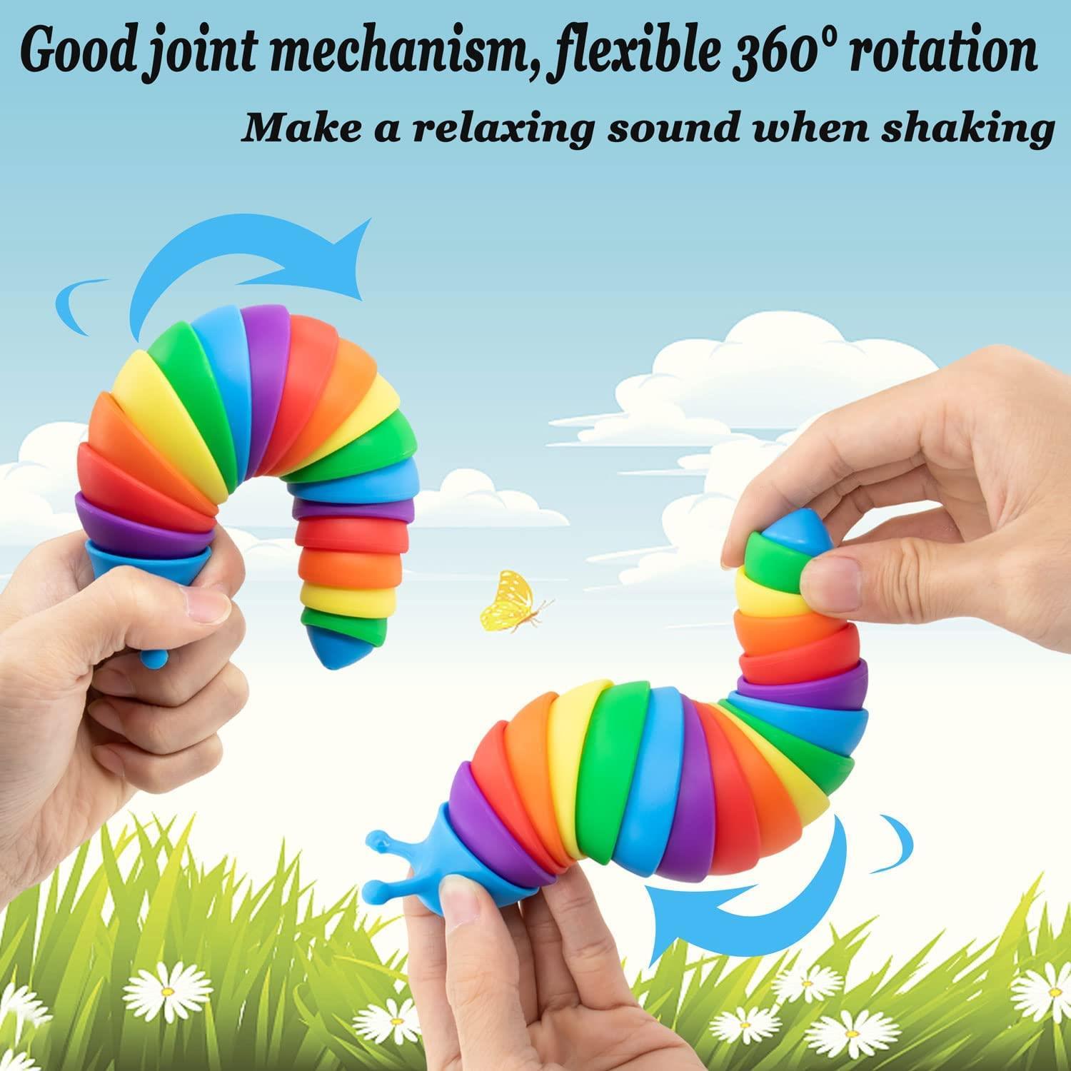Hands display a vibrant, segmented, colorful toy designed to bend and curl.