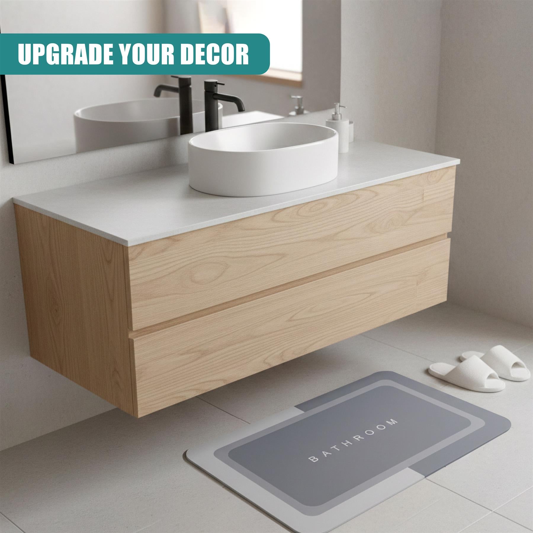 Gray rectangular bathroom mat featuring the capitalized word "BATHROOM" printed on its surface.