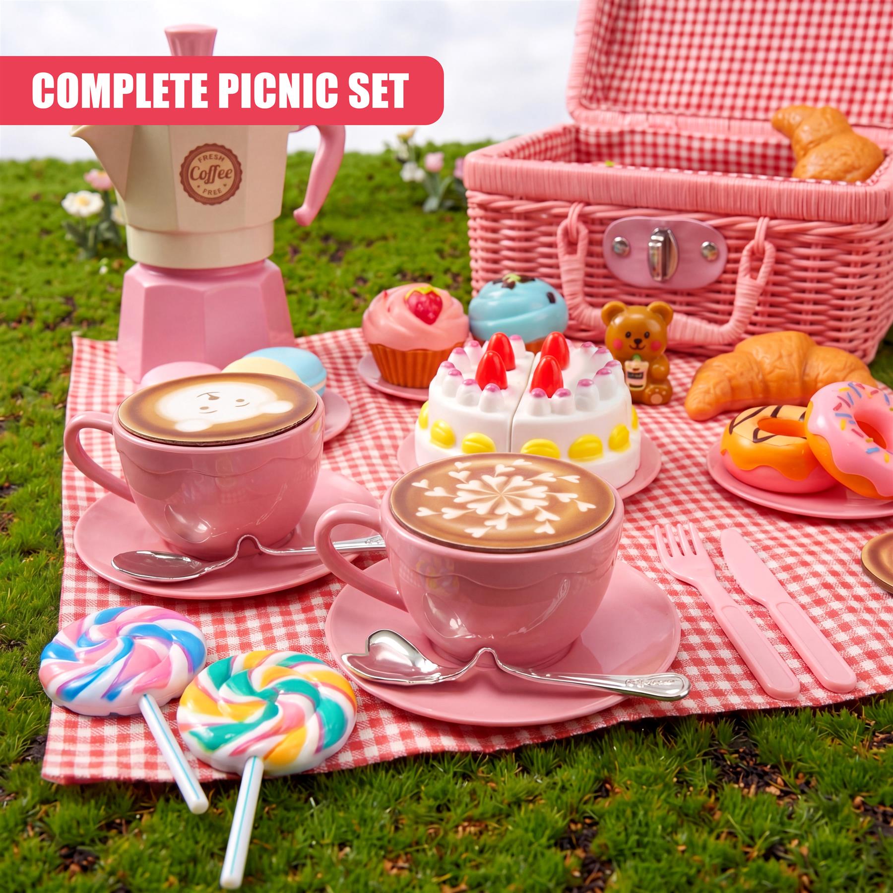 Pink tea set, coffee maker, picnic basket, assorted pastries, and lollipops on a checkered cloth.