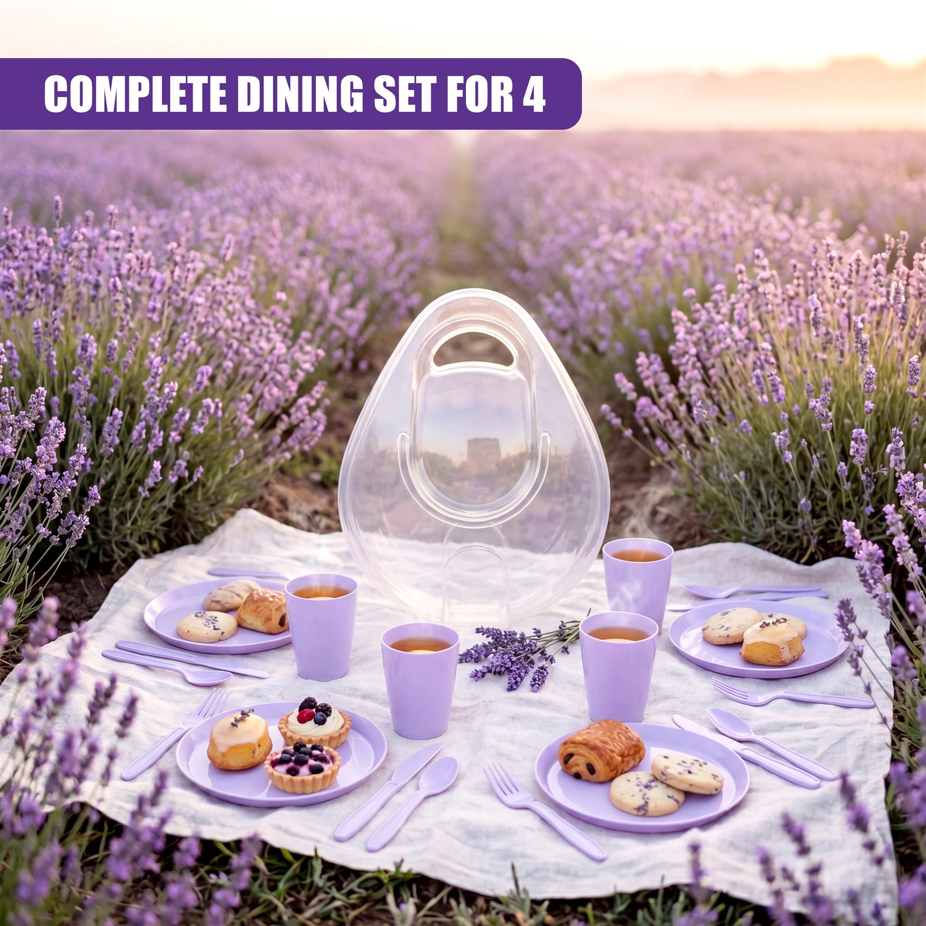 Picnic supplies—plates, cups, and cutlery—are arranged around a clear dome amidst lavender flowers.