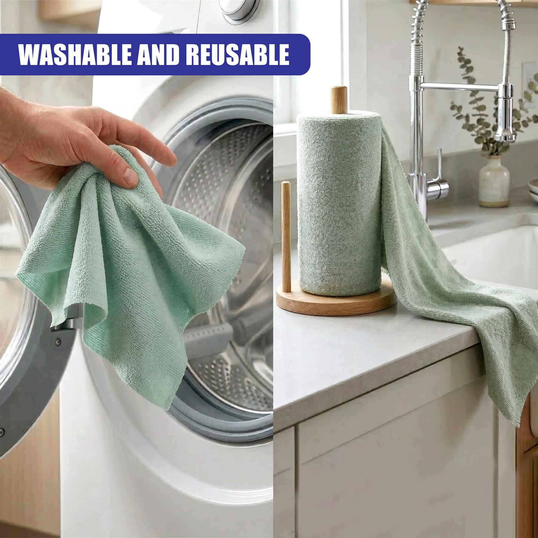 Hand holds light green cloth near a washing machine; roll rests on a wooden base.