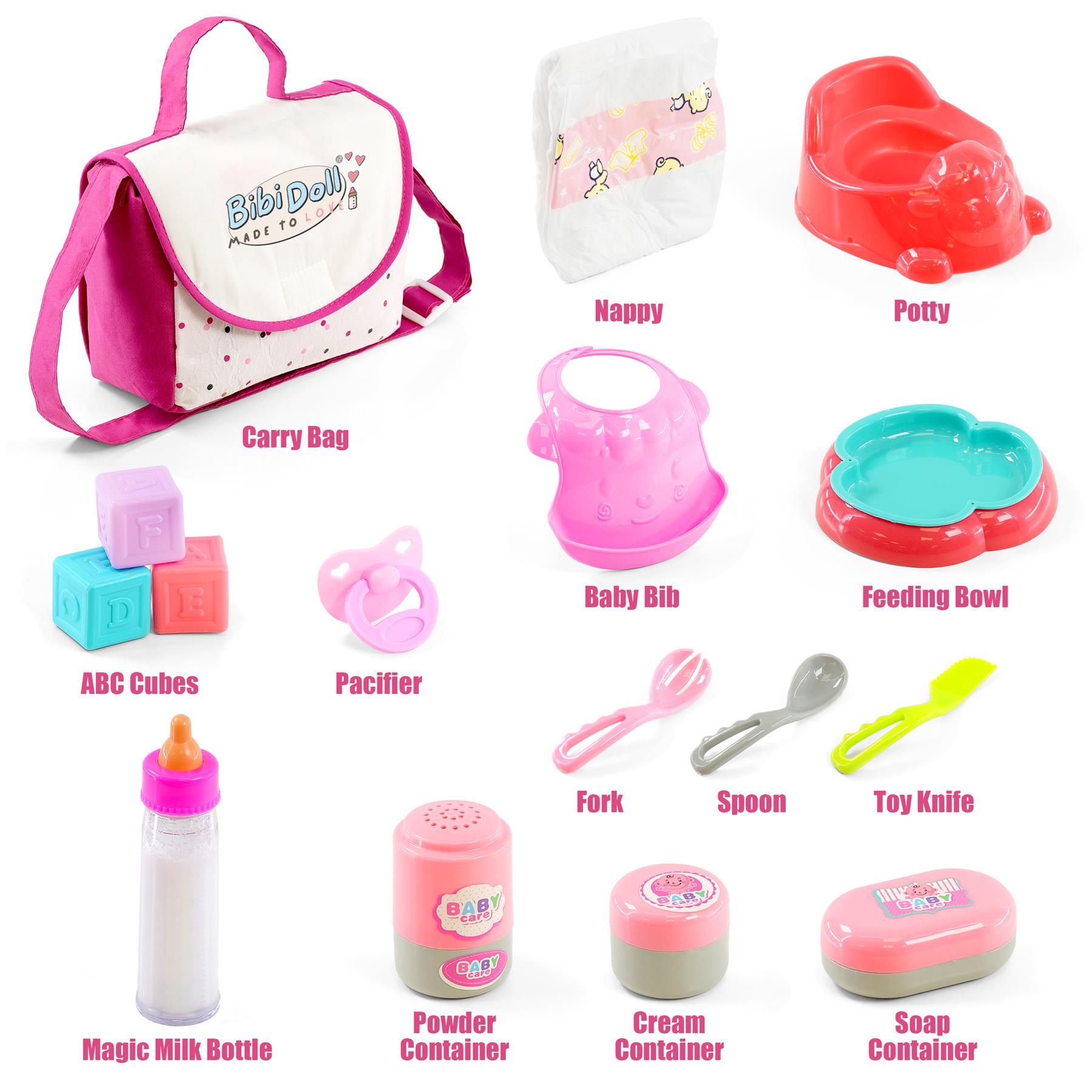 Set of baby accessories featuring a changing bag, bottle, nappy, potty chair, feeding bowl, and various toys.