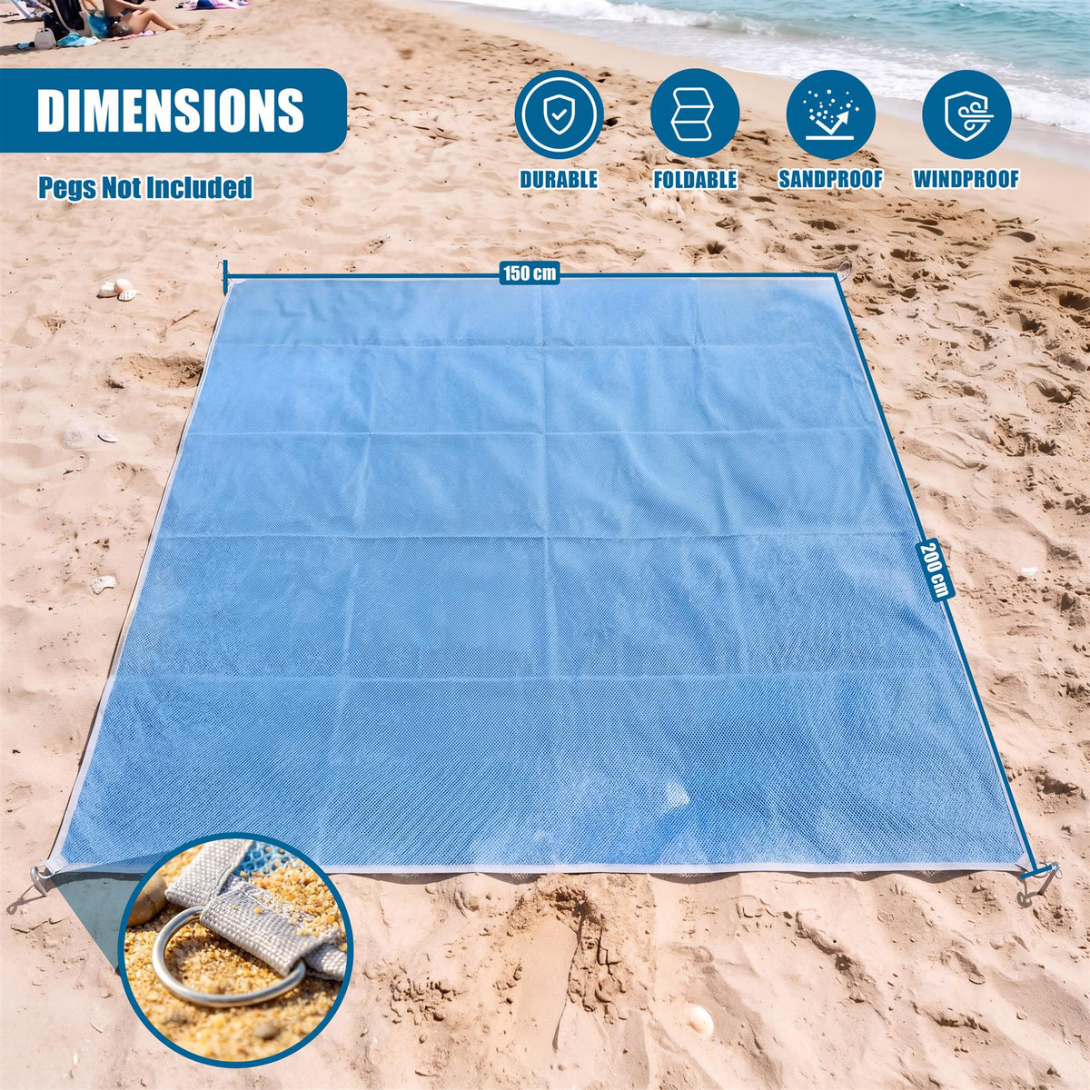 Blue GEEZY beach mat, 200cm x 150cm, shown on a sandy beach with anchoring loops