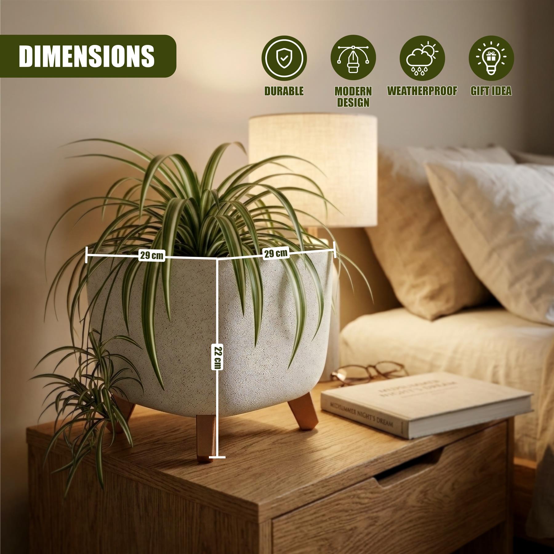 Cylindrical gray planter pot elevated on wooden legs. Dimensions are marked on the side.