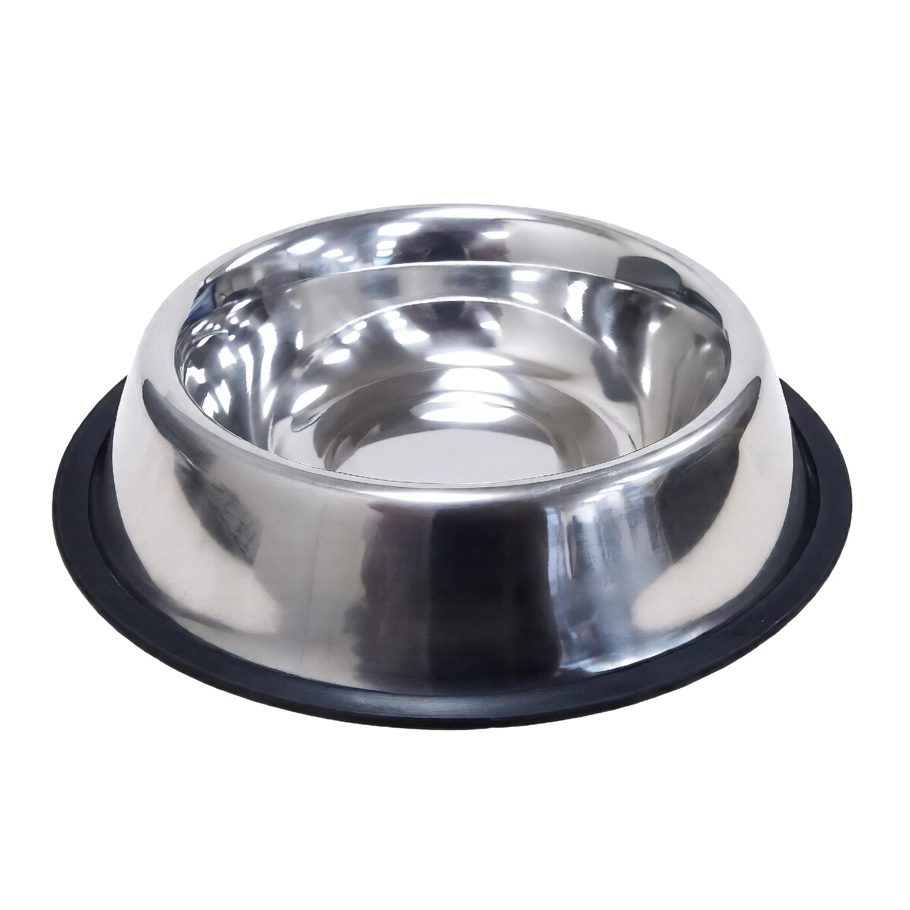 A stainless steel dog bowl with a black rubber base, featuring a smooth, shiny surface and a wide, shallow design. - The Magic Toy Shop