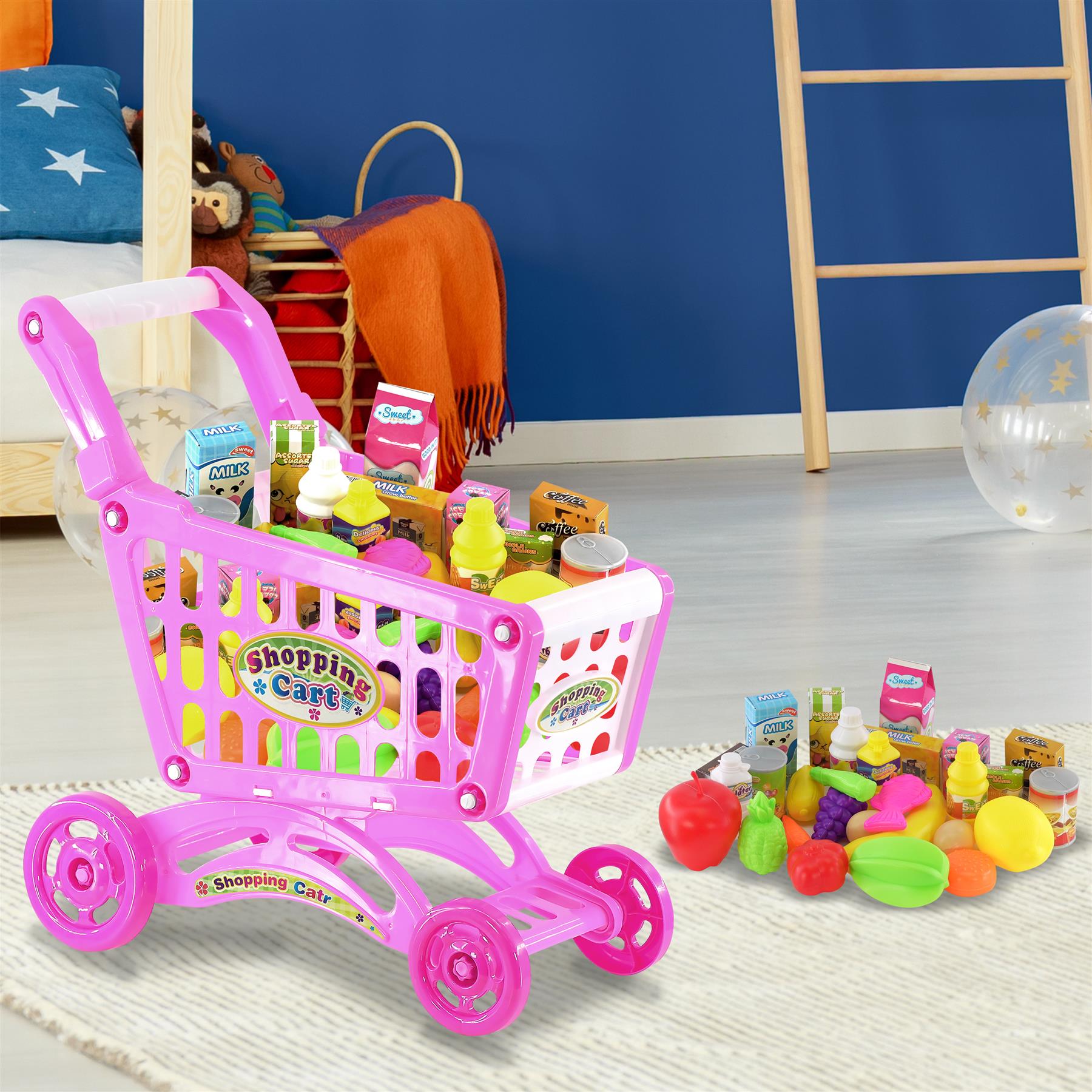 Pink Shopping Trolley Cart Play Food Set