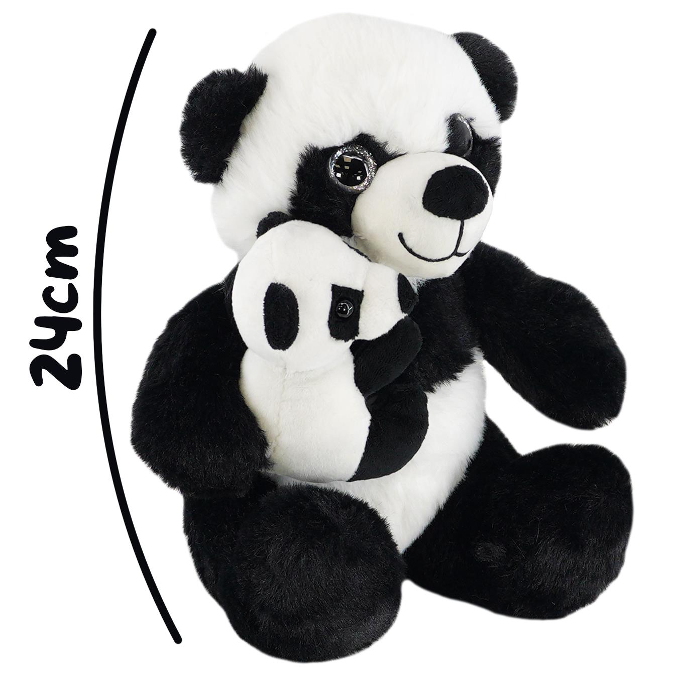 A super soft and cuddly plush toy featuring a mommy panda holding her baby panda. The larger panda is 24 cm tall and made of black and white plush material, perfect for hugs. Ideal for kids and collectors alike, this adorable set brings joy and comfort. Available at themagictoyshop.