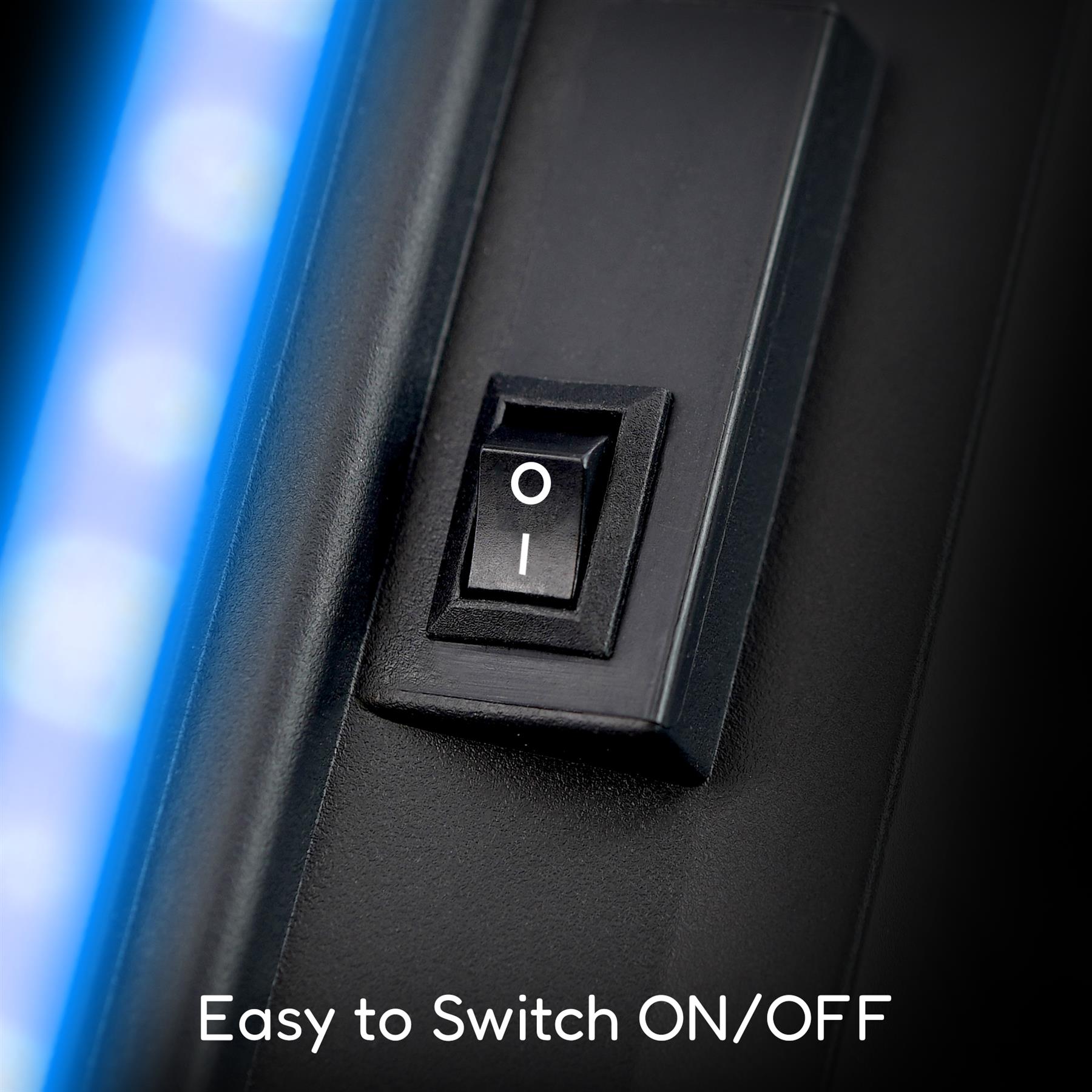 Close-up image of a black switch featuring an easy-to-read ON/OFF label, set against a backdrop that hints at LED neon lights. Ideal for controlling lighting on modern shelving units. Perfect for enhancing home decor. Featured by themagictoyshop.