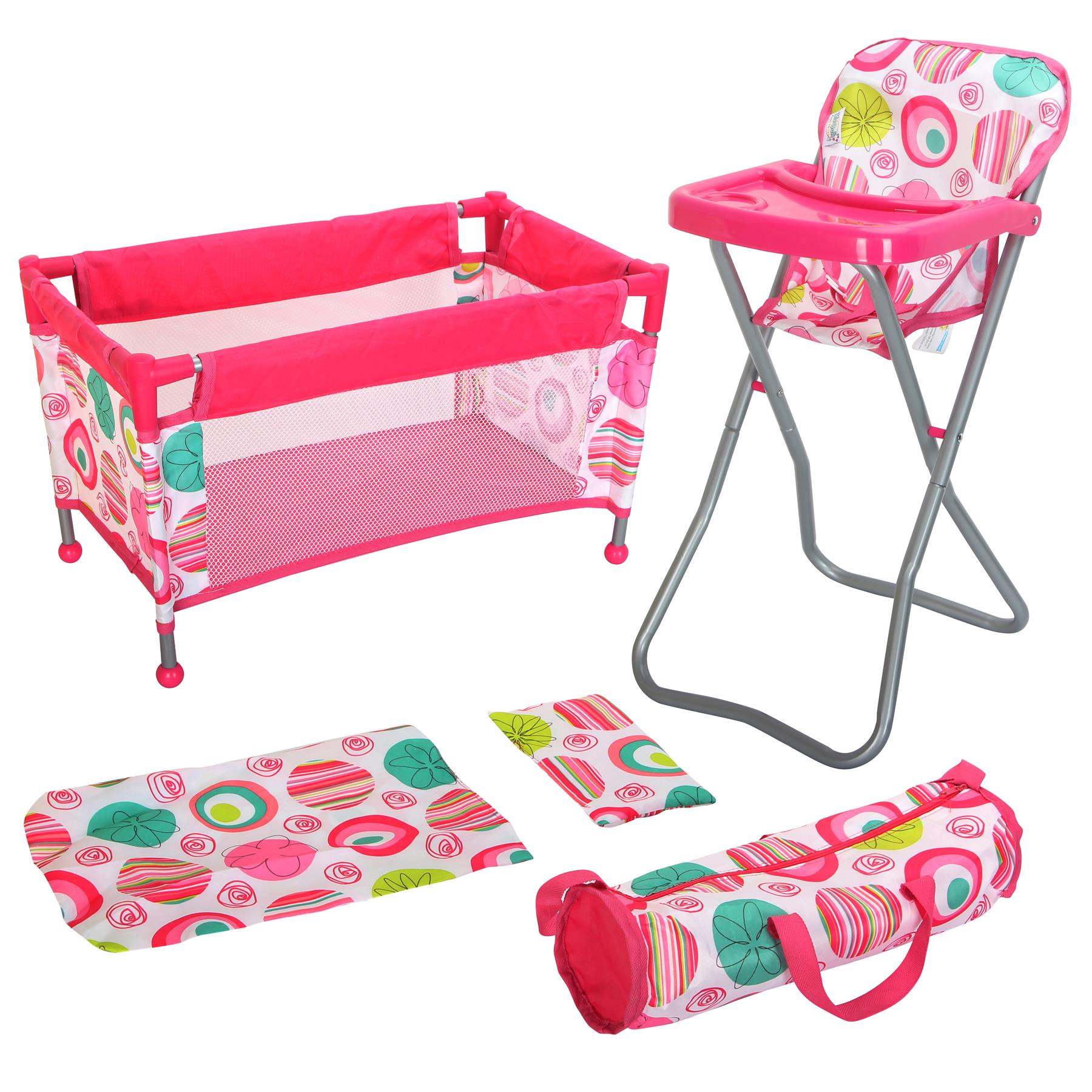 "Highchair and cot set in colorful polka dot pattern." - The Magic Toy Shop