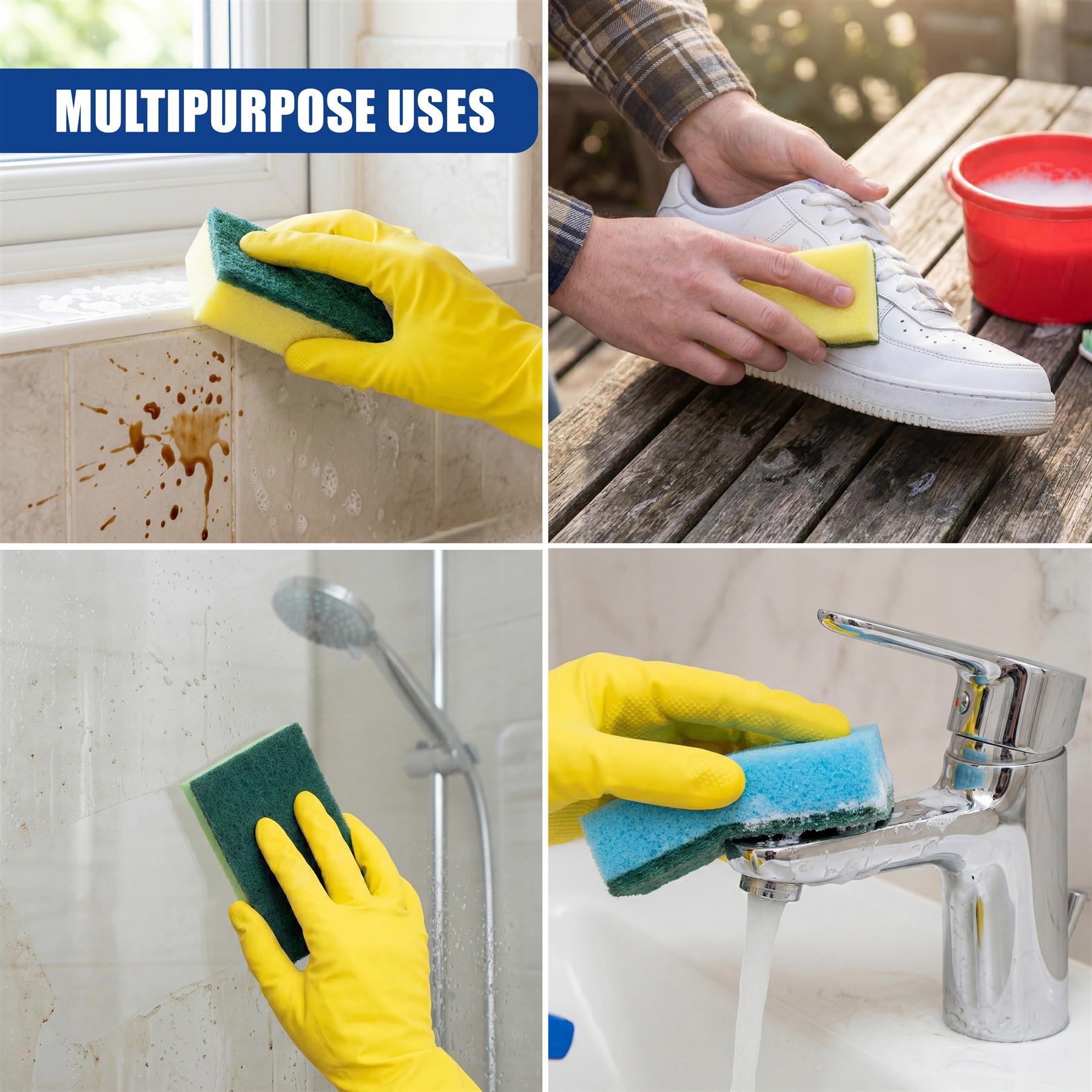 Yellow gloves hold various sponges cleaning a sink and tile.