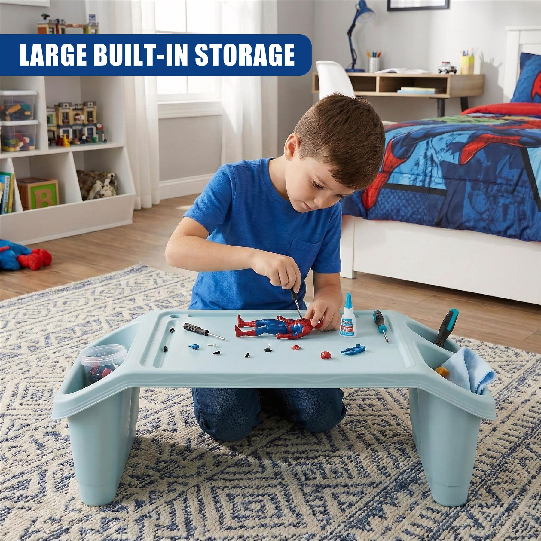 A child's play table with a built-in storage compartment and a tray for a meal or activity. - The Magic Toy Shop