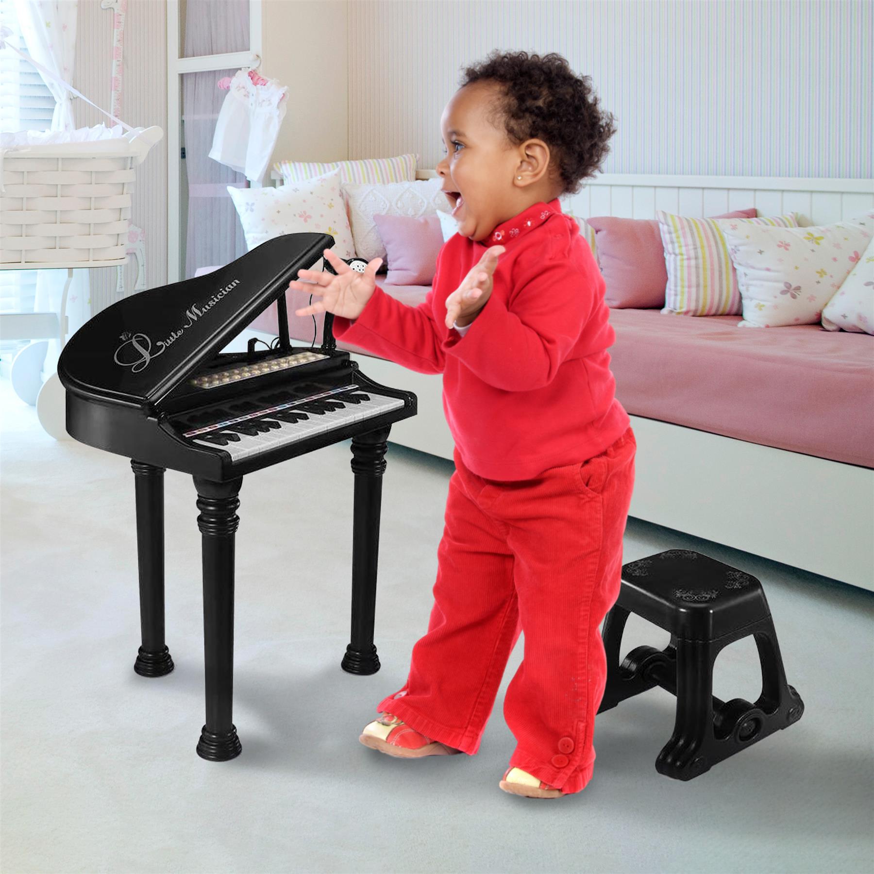 Black Electronic Piano With Microphone and Stool