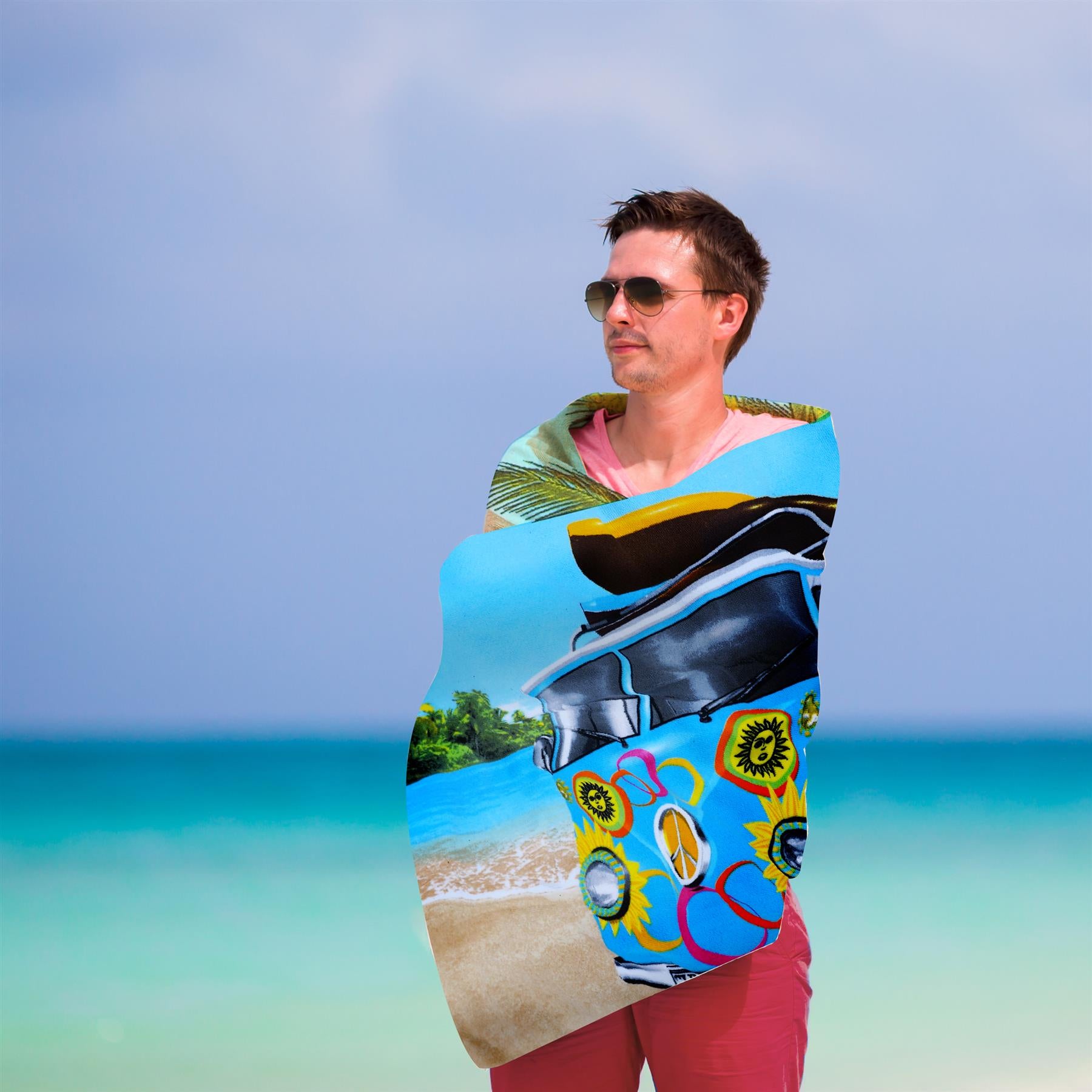 Blue Summer Bus Design Large Towel