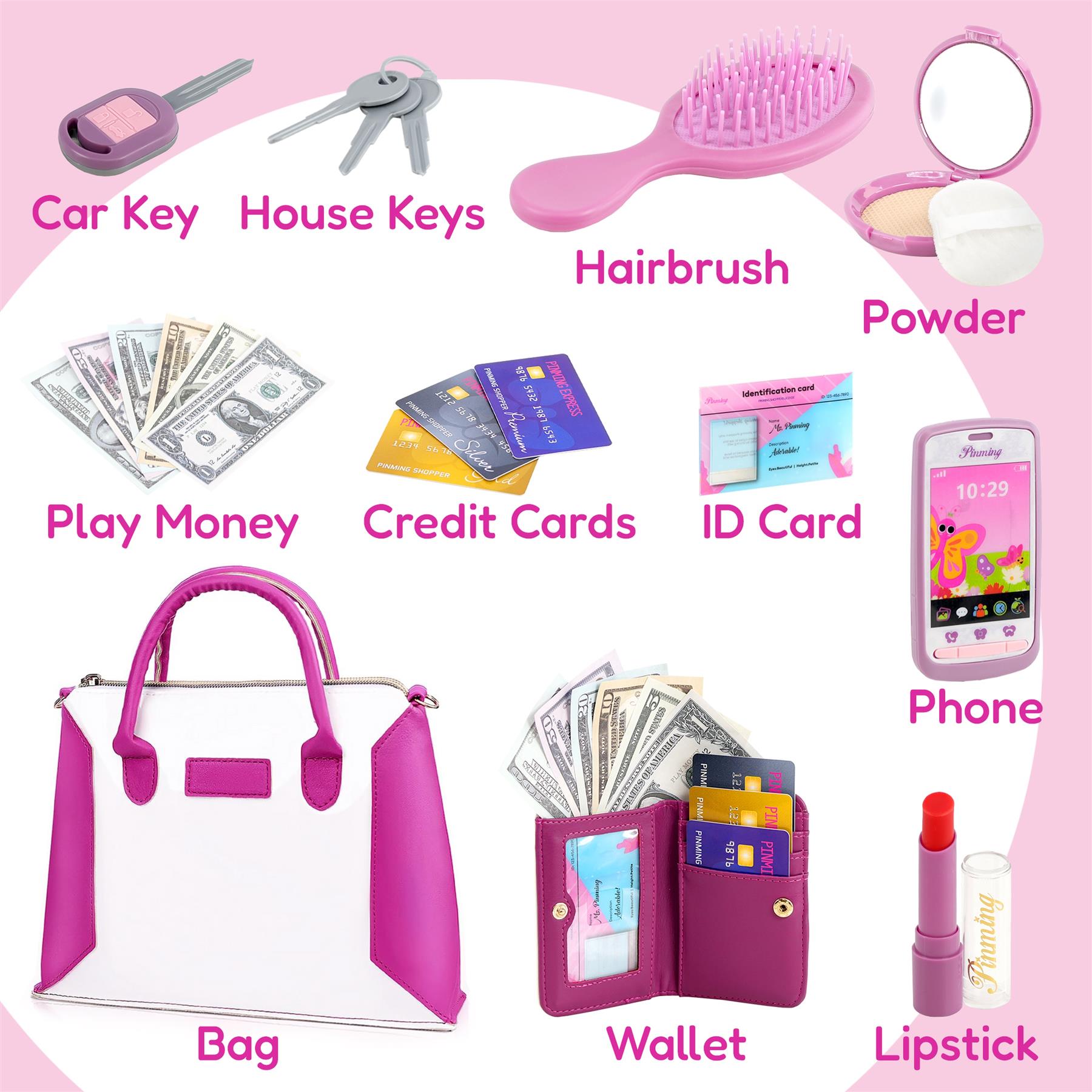 Assortment of toys including purse, keys, play money, credit cards, makeup, and toy phone.