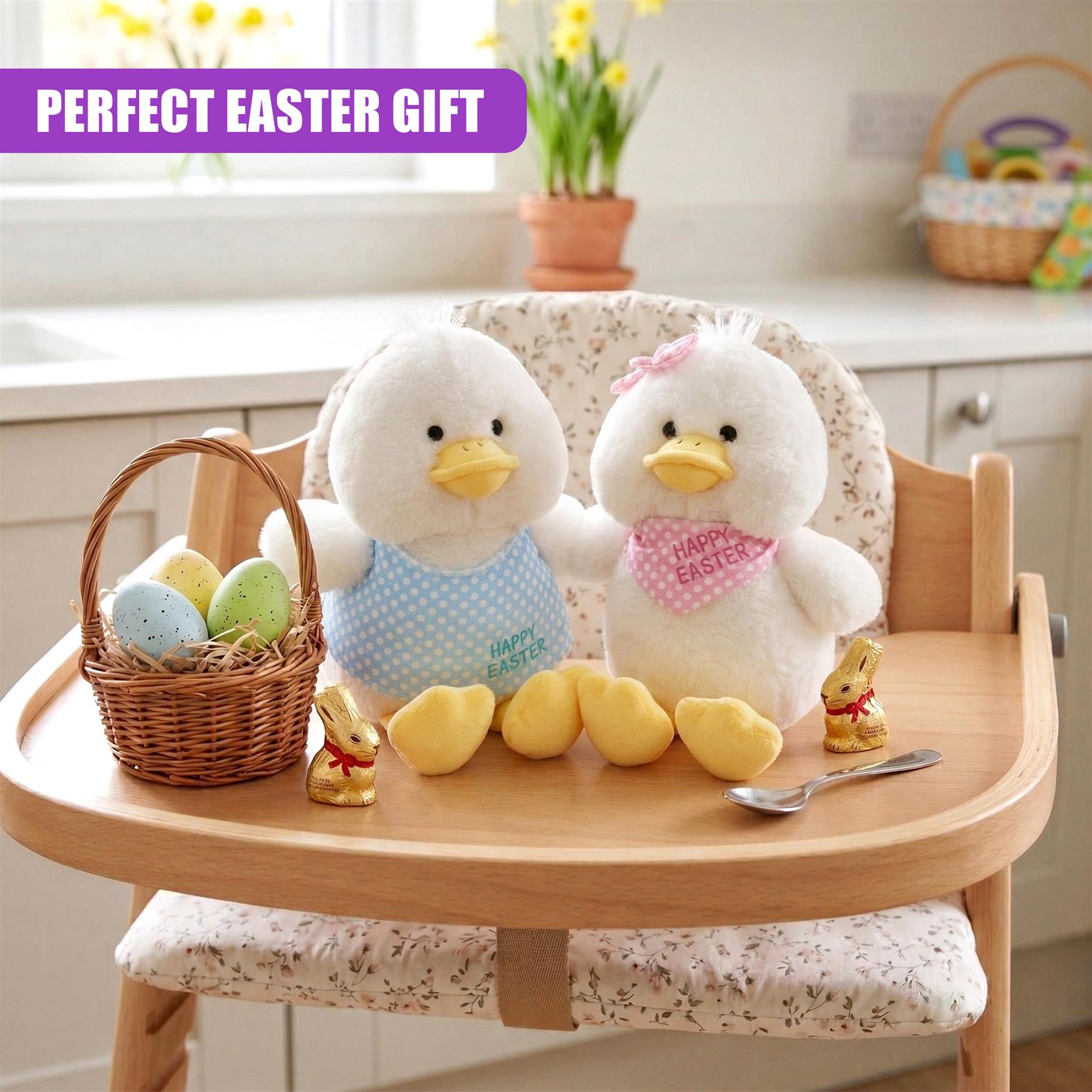 Stuffed chick toys, woven egg basket, and yellow egg props displayed on a wooden children's chair.