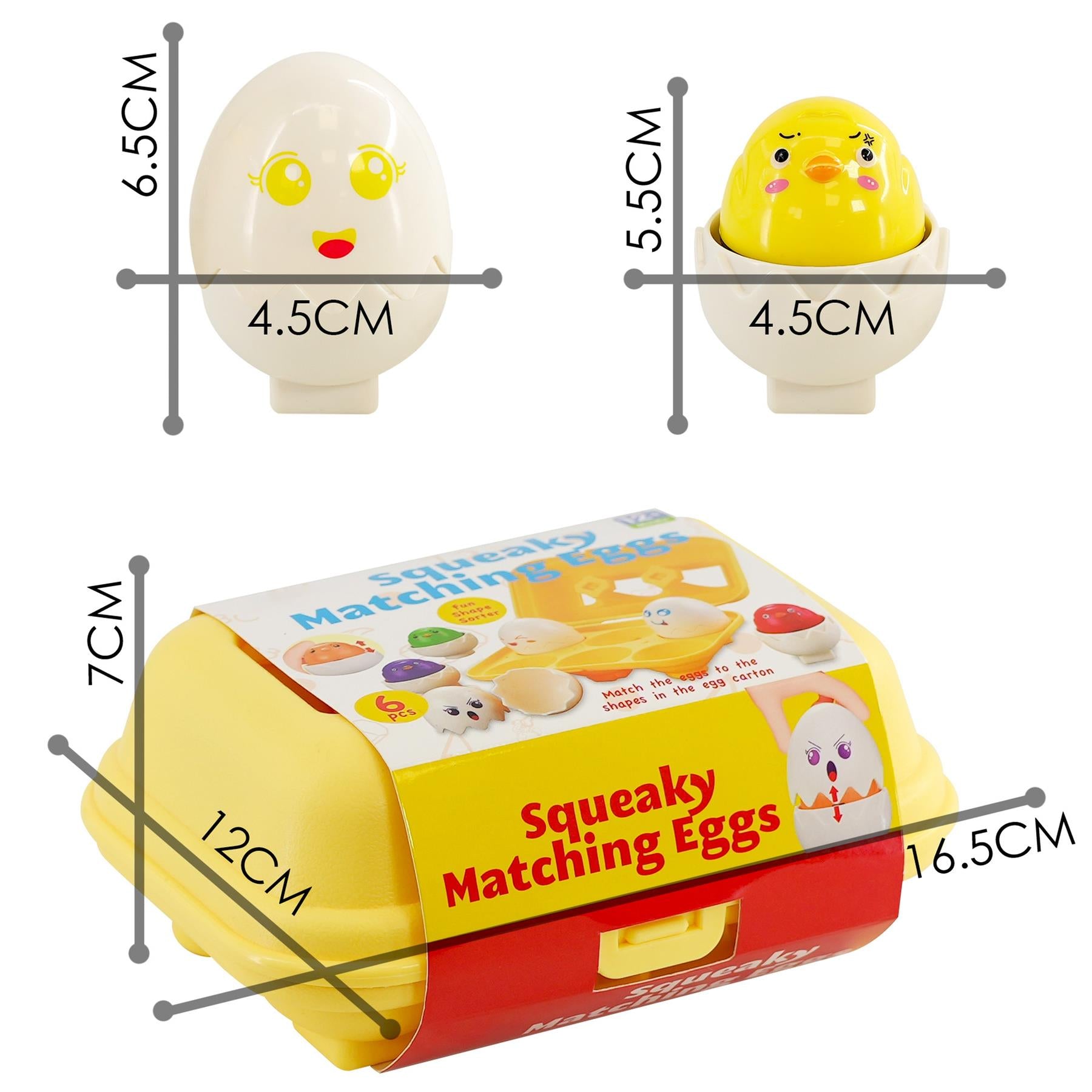 Boxed set of matching egg toys, including a yellow chick and a white egg figure.