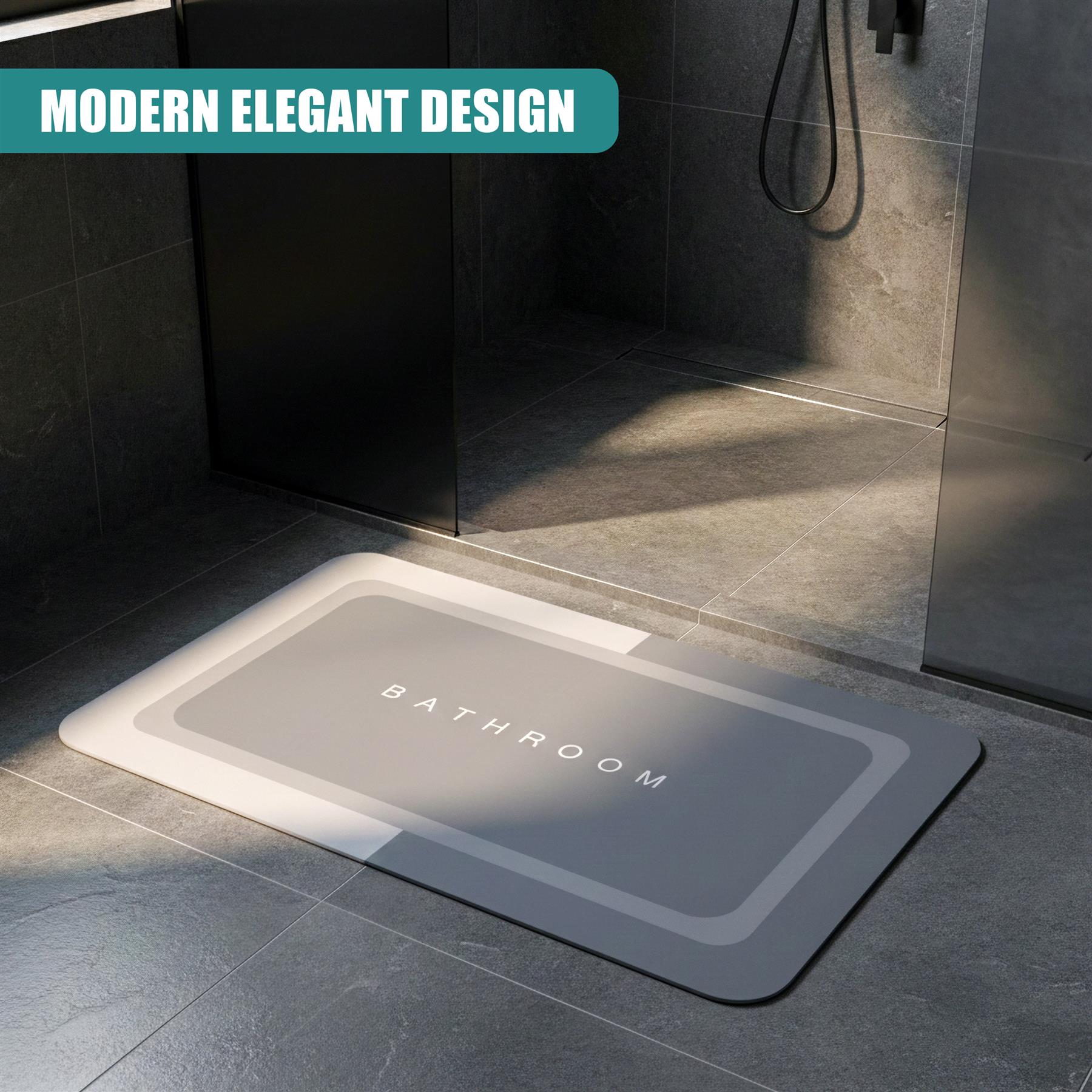 Rectangular gray bath mat featuring the word "BATHROOM" and subtle border lines on the floor.