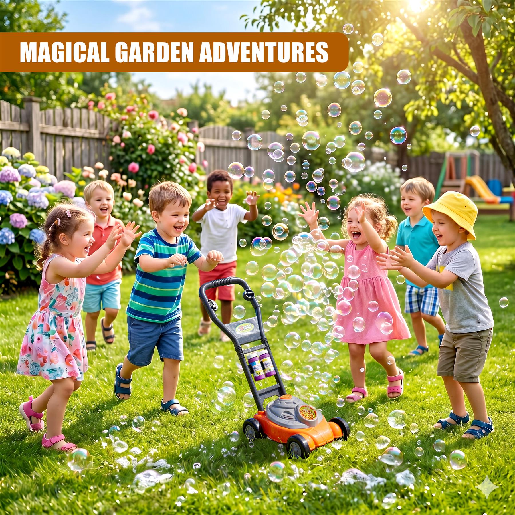 Multiple children play with bubbles from an orange bubble machine in a lush green garden.