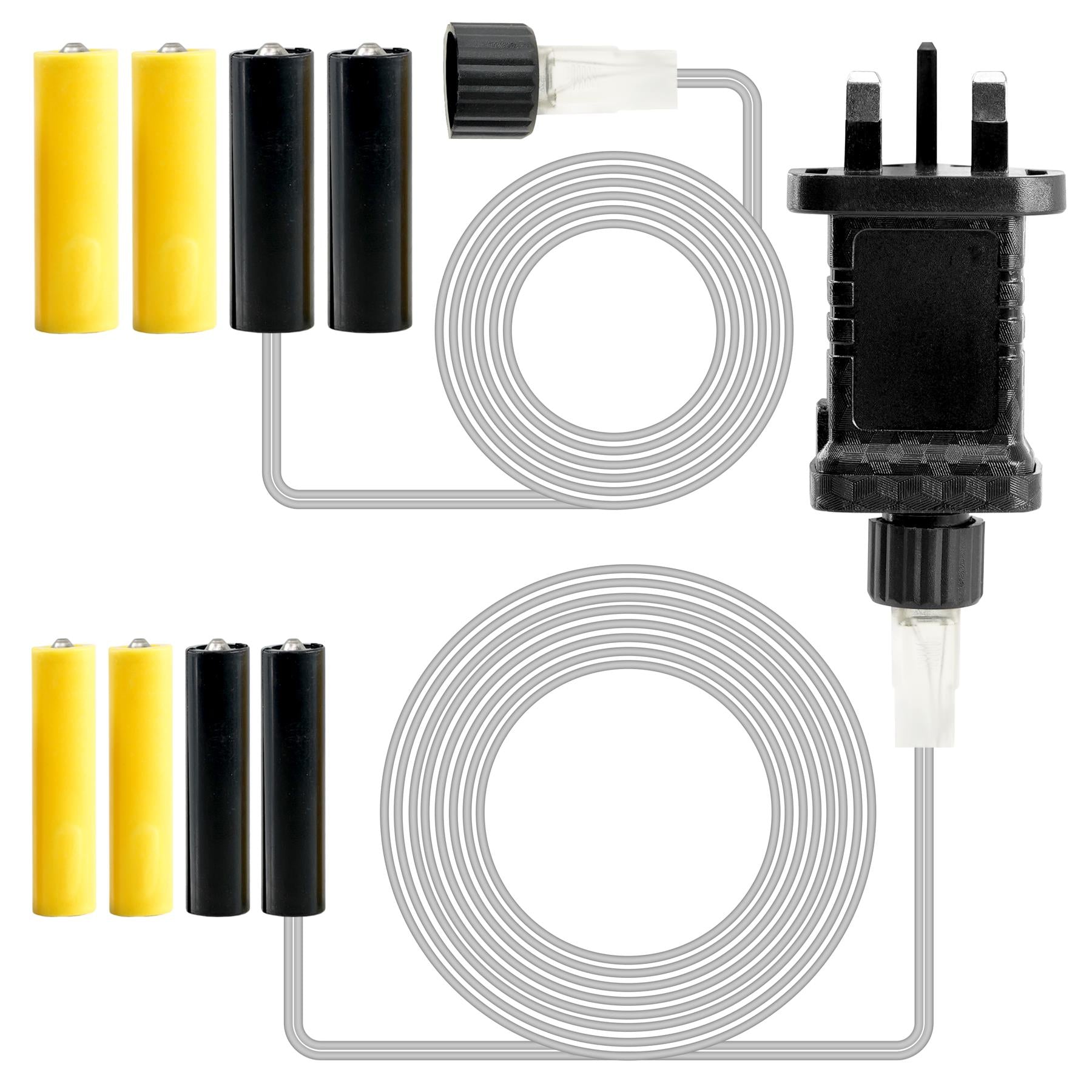 AA/AAA battery adapter with two yellow and two black cylindrical batteries, a black plug connector, and coiled wires for powering decorations and electronic devices. Ideal for minimizing battery use. Available at themagictoyshop.