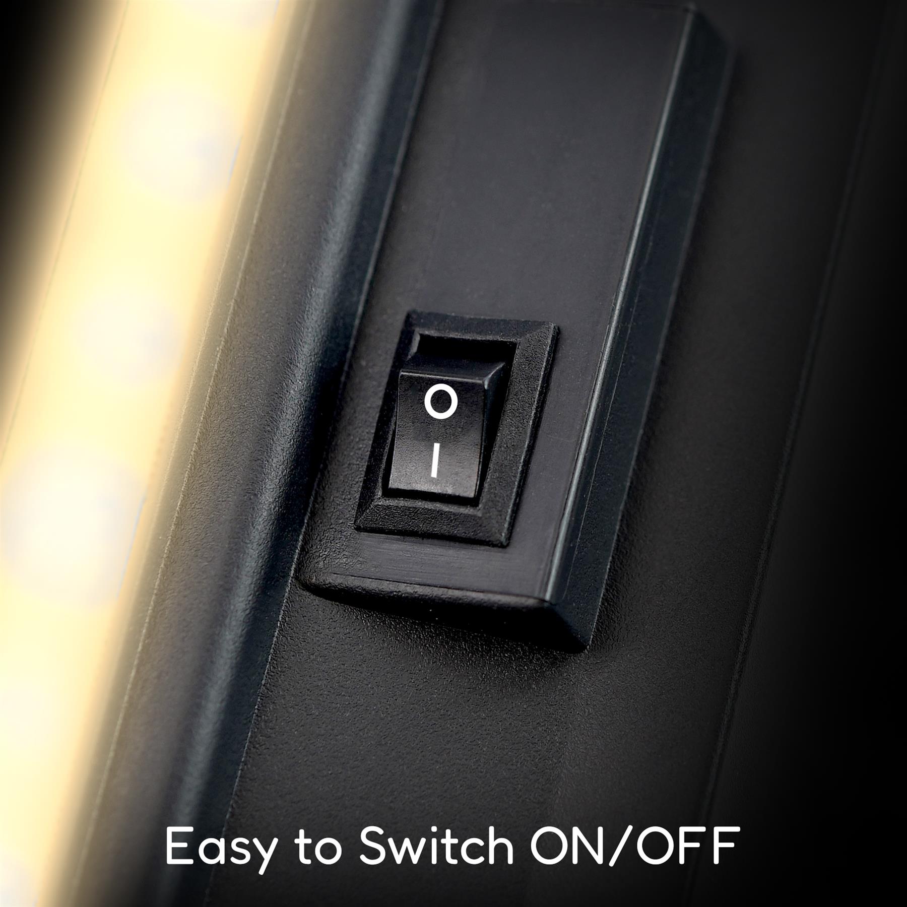 Close-up image of a toggle switch with an "ON/OFF" indication, featuring a sleek black design, perfect for easy operation of the GEEZY Black Floating Shelves with LED Neon Lights, designed for stylish home decor. themagictoyshop.