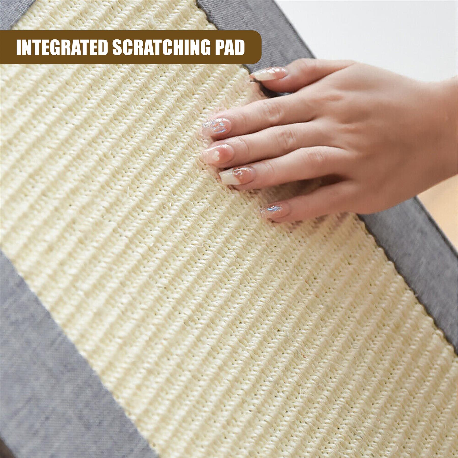 A hand with long, white, and transparently painted nails, with a silver and clear nail polish, gently touching a cream-colored, integrated scratching pad. - The Magic Toy Shop