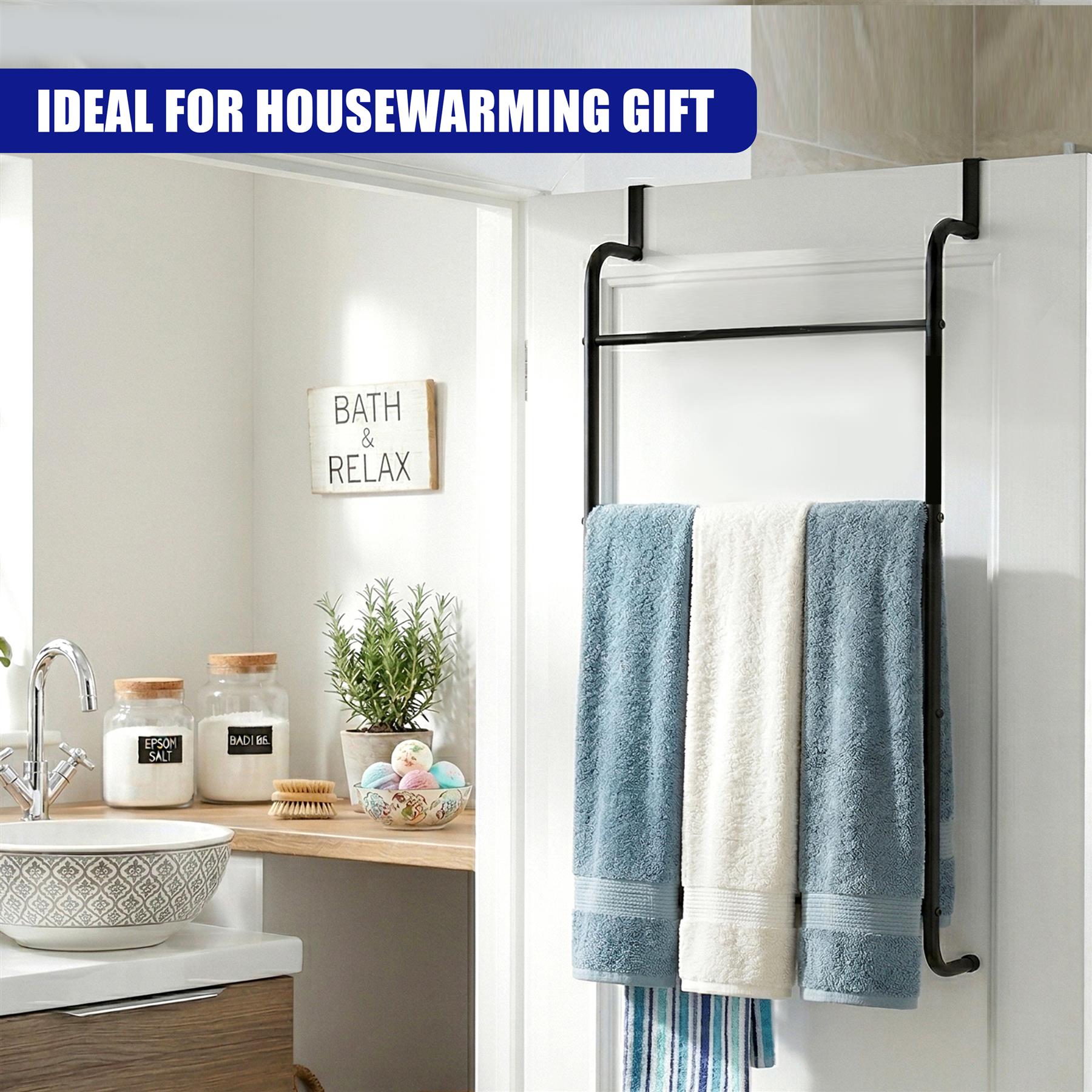 Black ladder-style towel rail installed over a door, holding three folded blue and white bath towels.
