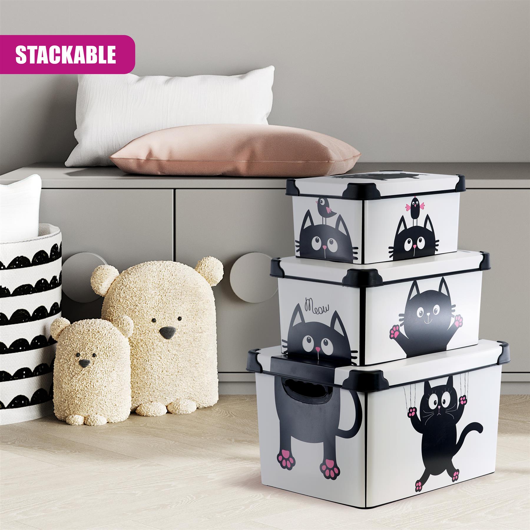 Cat Themed Storage Boxes with Lids - Set of 3