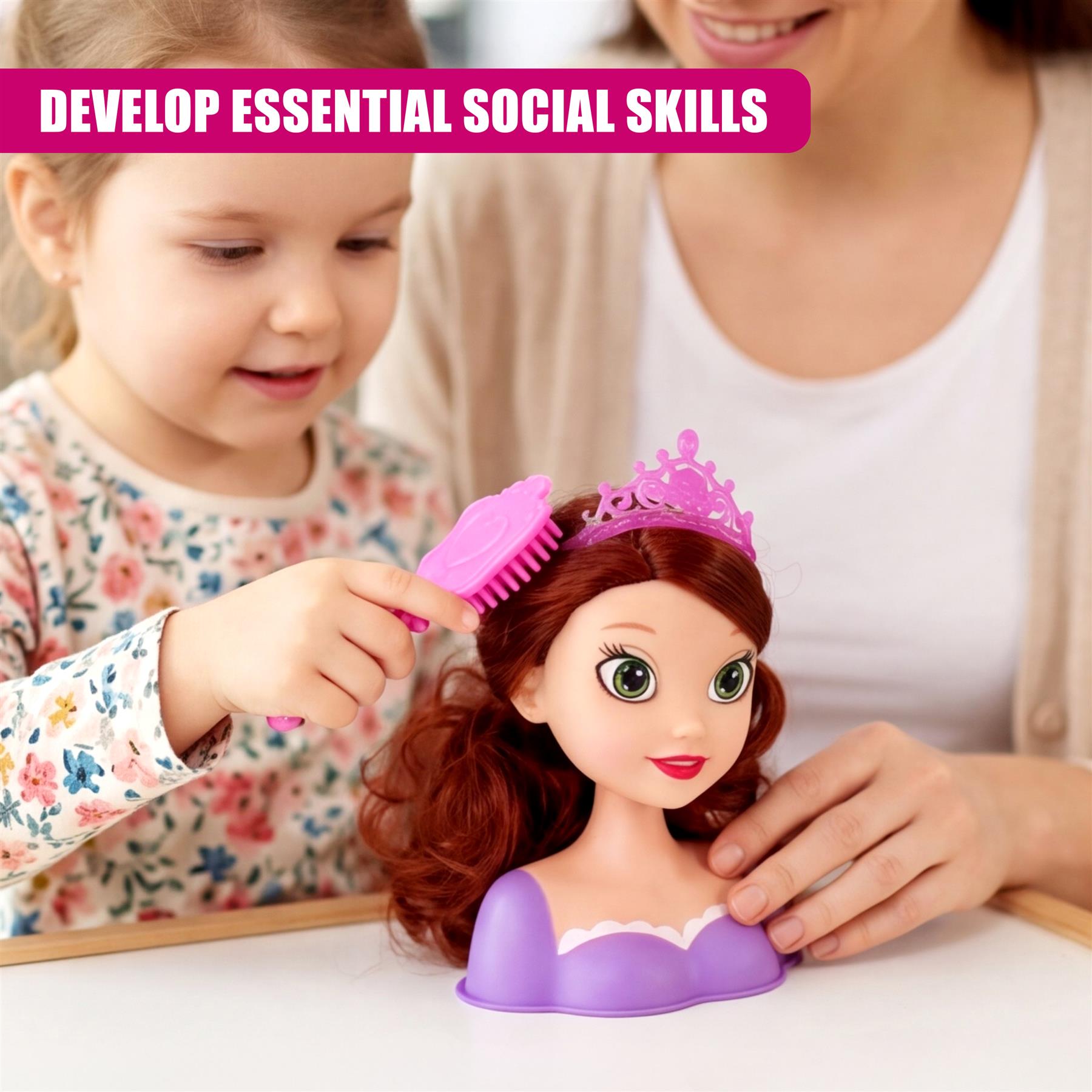 Purple doll styling head with brown wig hair, purple base, and removable accessories visible.