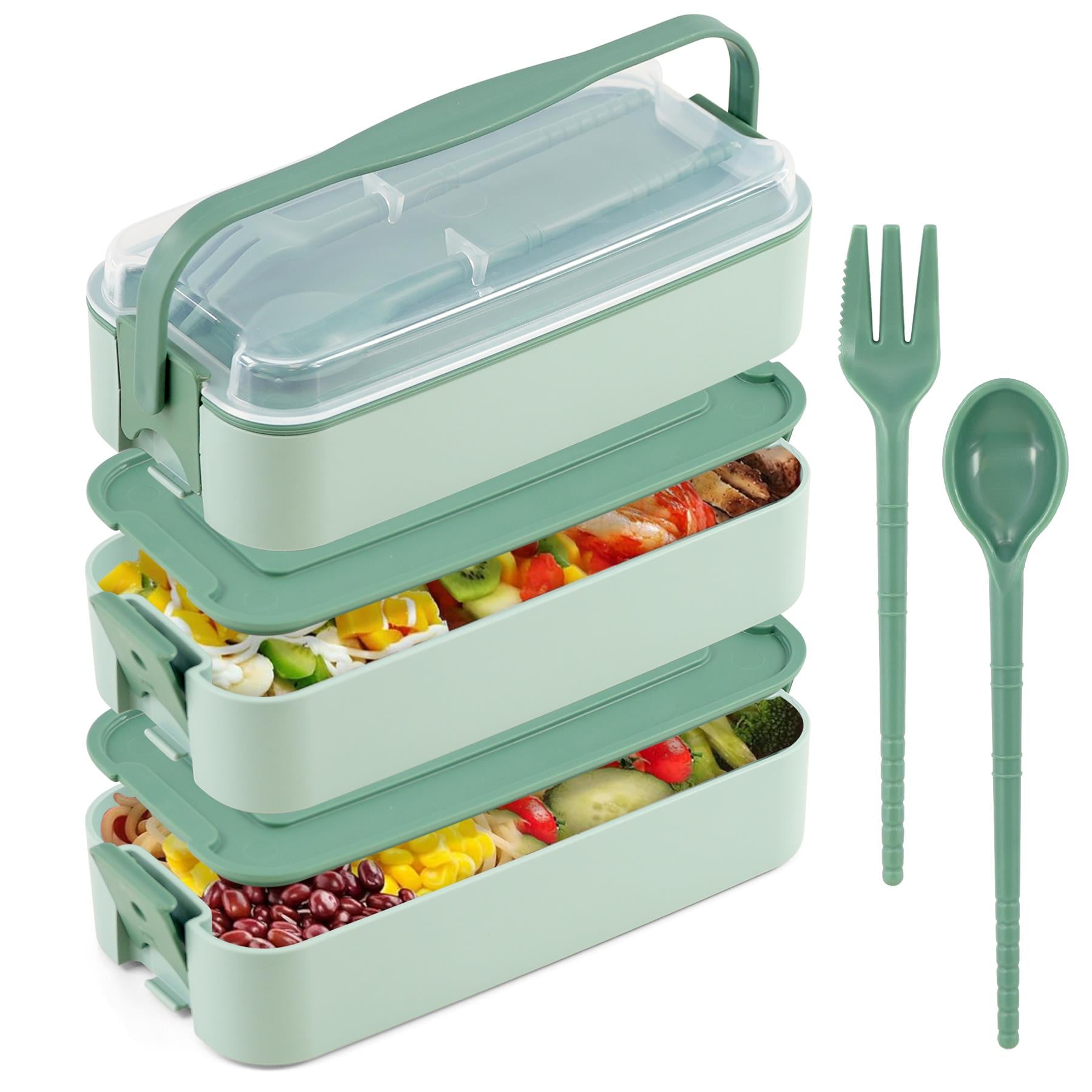 This image shows a bento lunch box with three compartments, each containing various food items. It's placed on a blue surface along with two green utensils: a spoon and a fork. The lid of the lunch box is open, revealing the contents inside. The lunch box is designed for portion control and is suitable for transporting a variety of food items to different compartments.