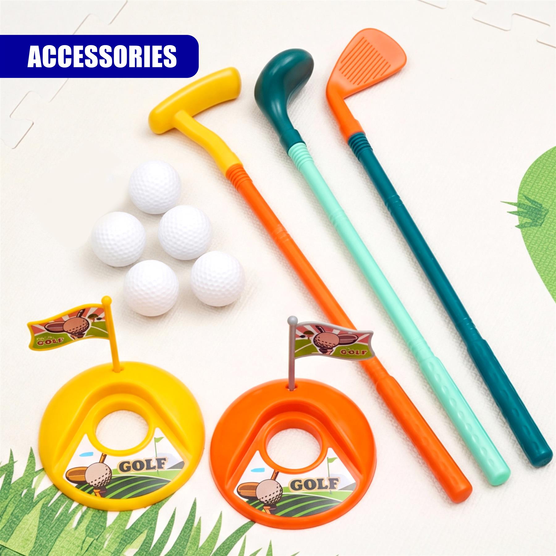 A colorful toy golf set featuring three clubs, five white balls, and two plastic targets.