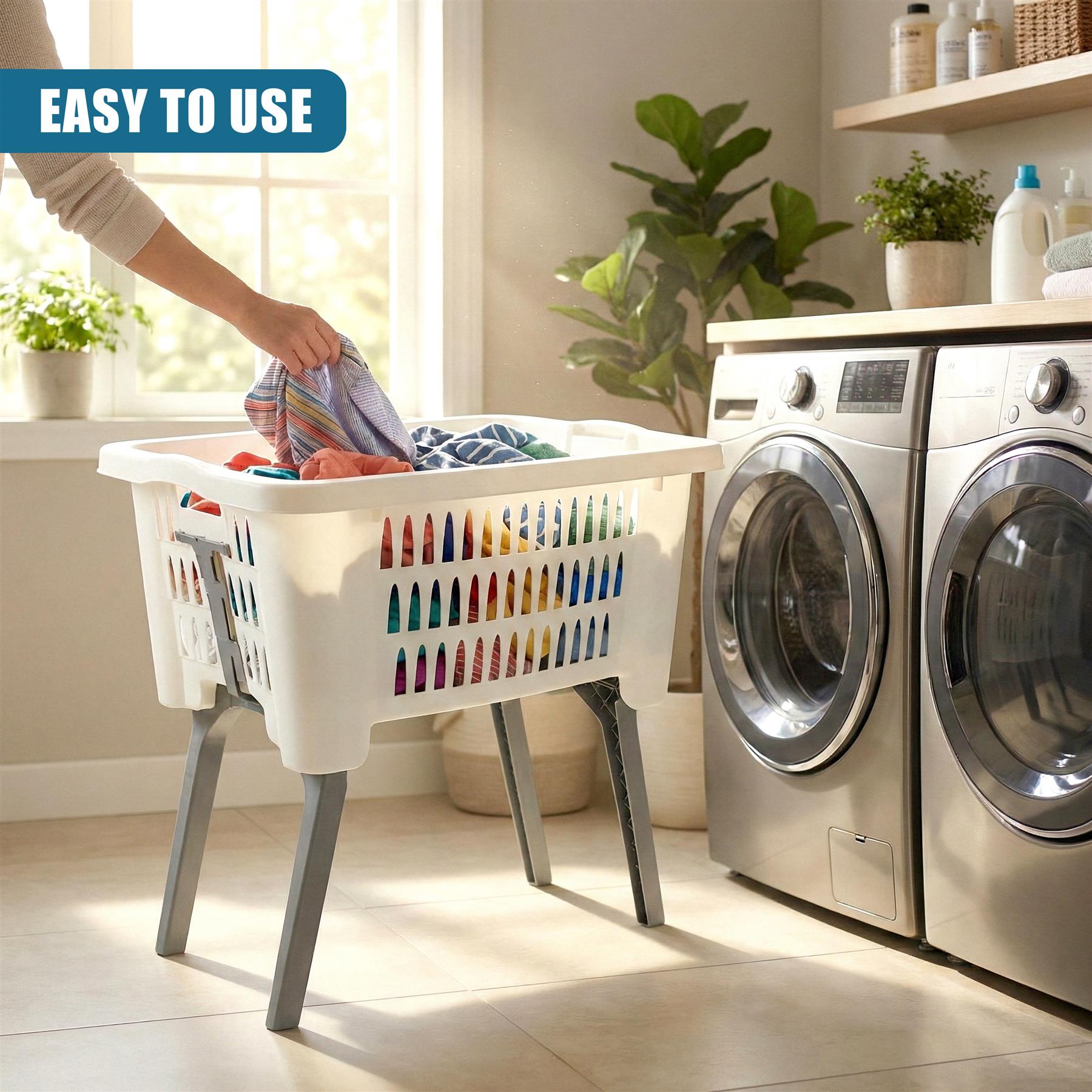 White laundry basket with colorful detailing and gray metal legs sits beside a washing machine.