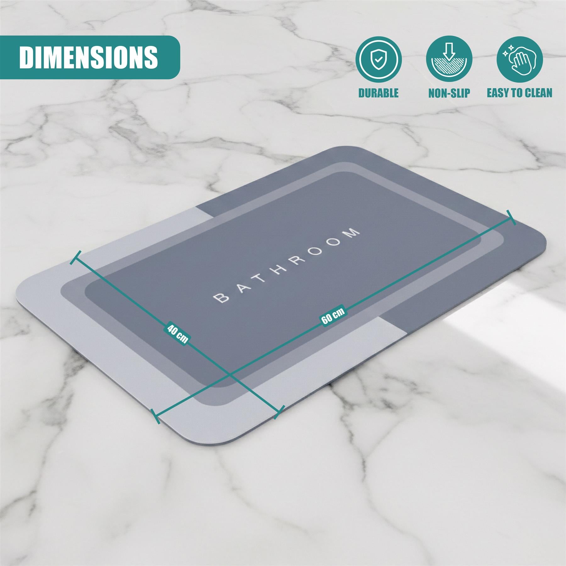 Anti-slip bathroom mat showing dimensions of 40 cm by 60 cm and labeled features like durable and non-slip.