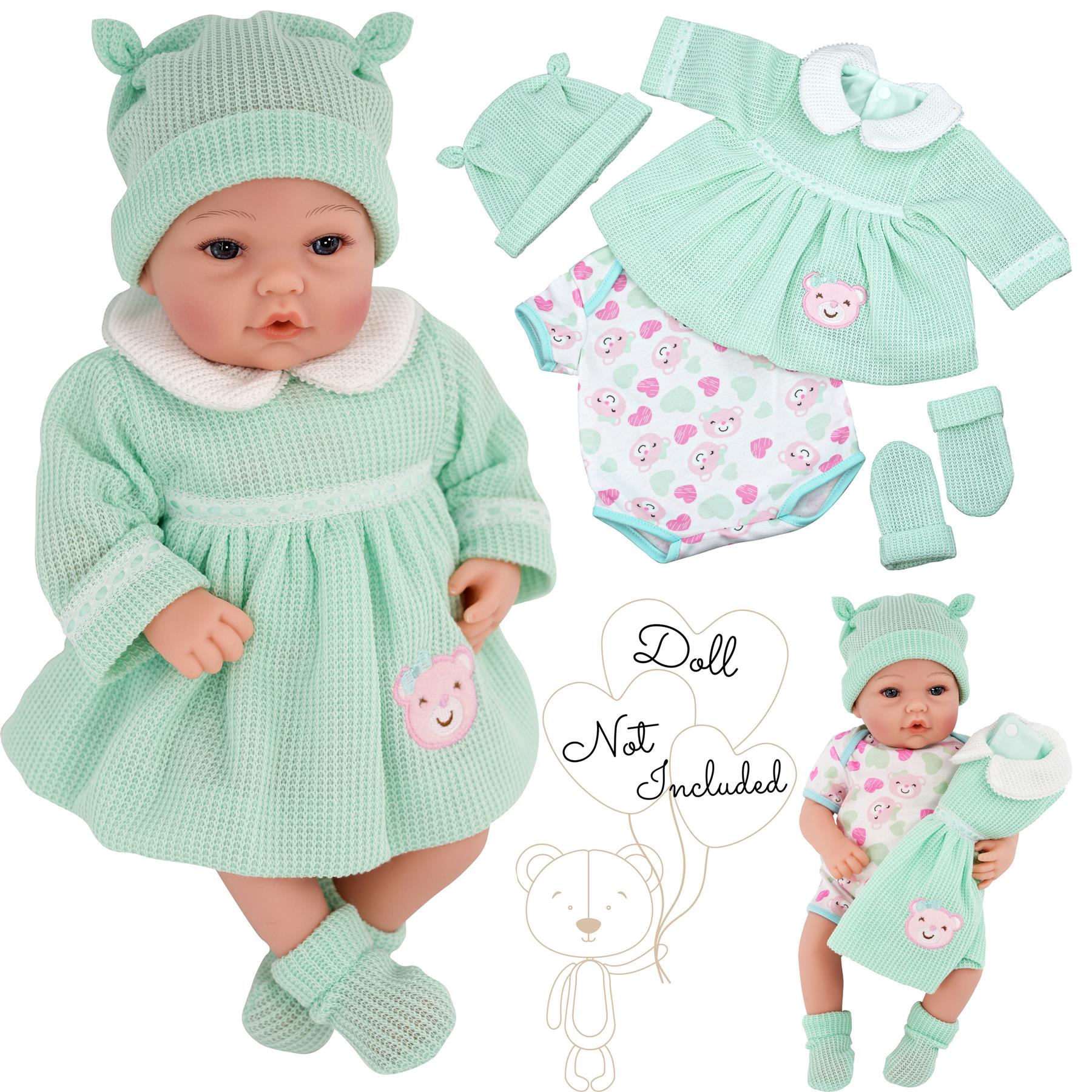 Collection of mint green and pink reborn doll outfits, hats, dresses, shorts, and socks.