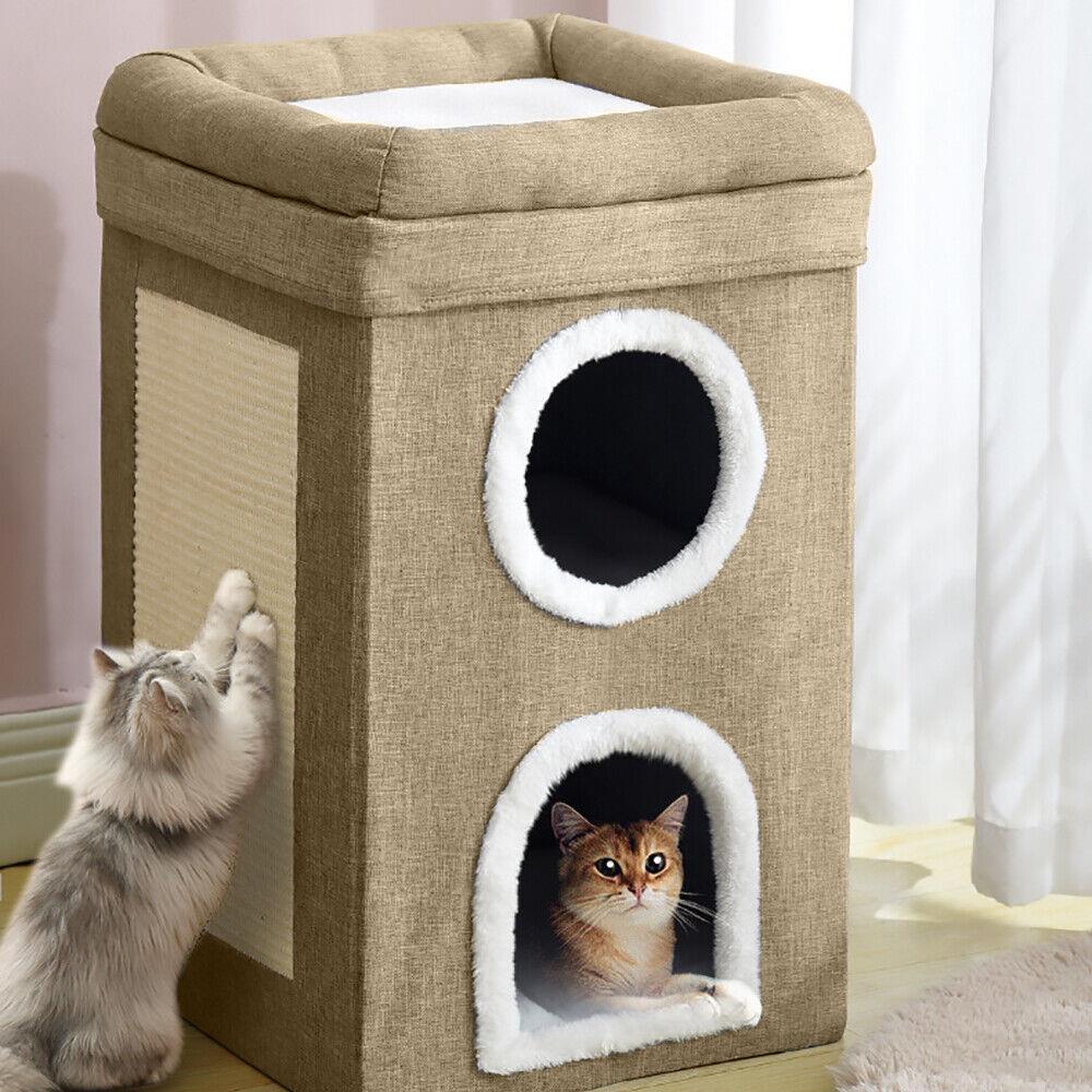 A two-story cat tower with a soft, plush design, featuring two round windows and a cat bed on top. The tower is made of durable materials, such as wood and fabric, and has a sturdy base for stability. The cat bed is soft and comfortable, with a plush design and a soft, cushioned top. The tower is a great way to provide your cat with a fun and comfortable place to play and relax. - The Magic Toy Shop