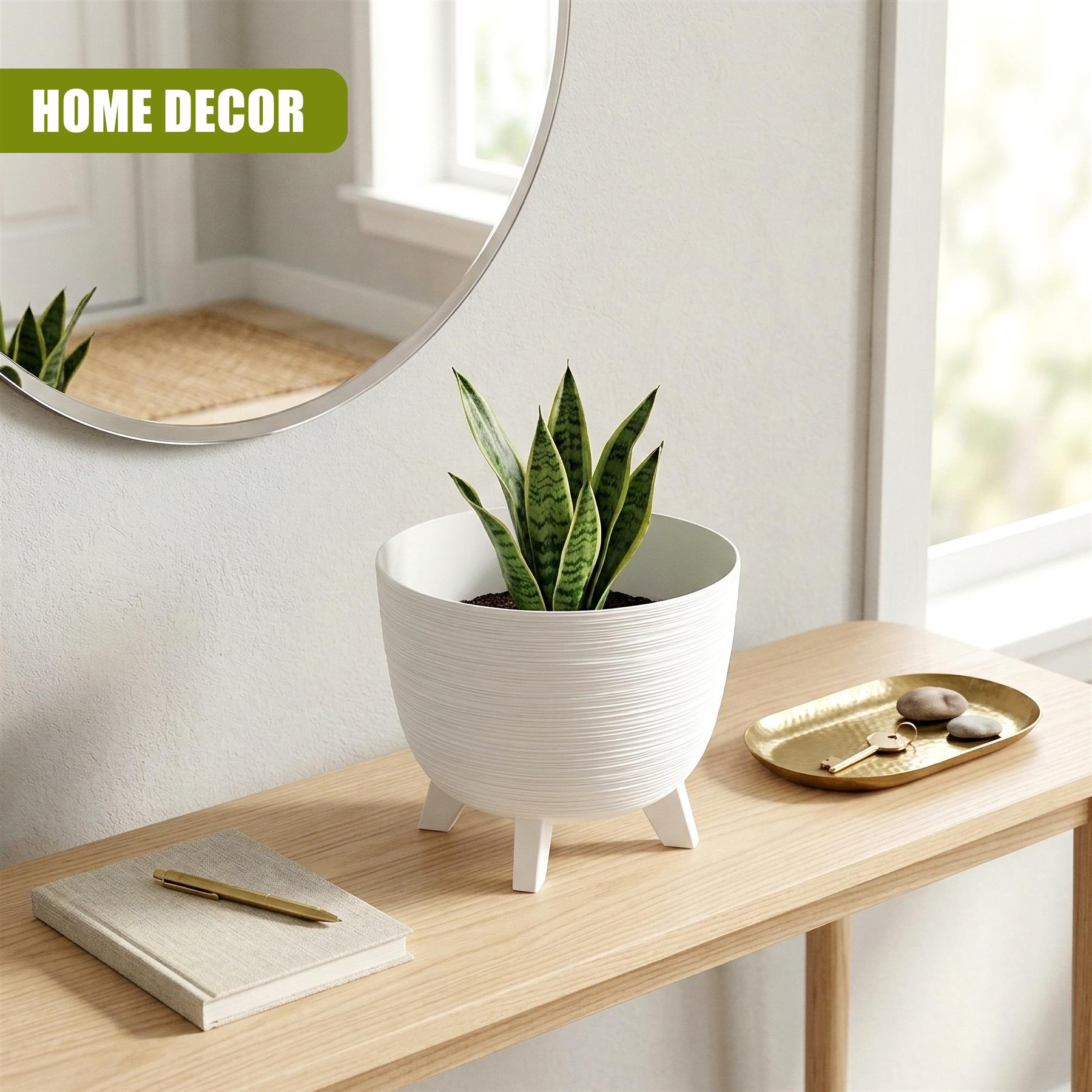 White pot with legs holding a green snake plant on a light wood table surface.