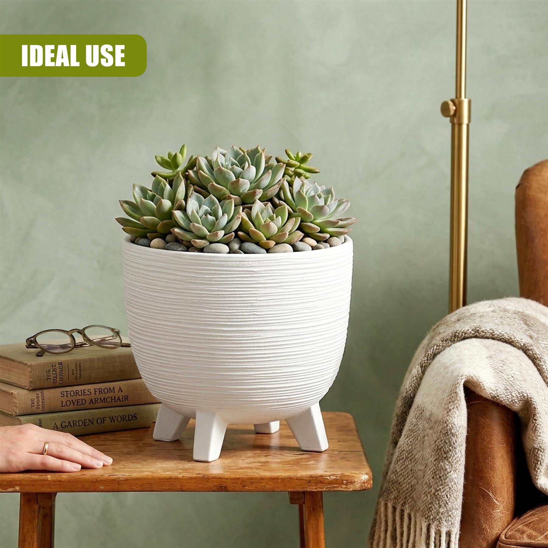 Ribbed white planter pot elevated on four legs, holding a cluster of green succulents on a wooden table.