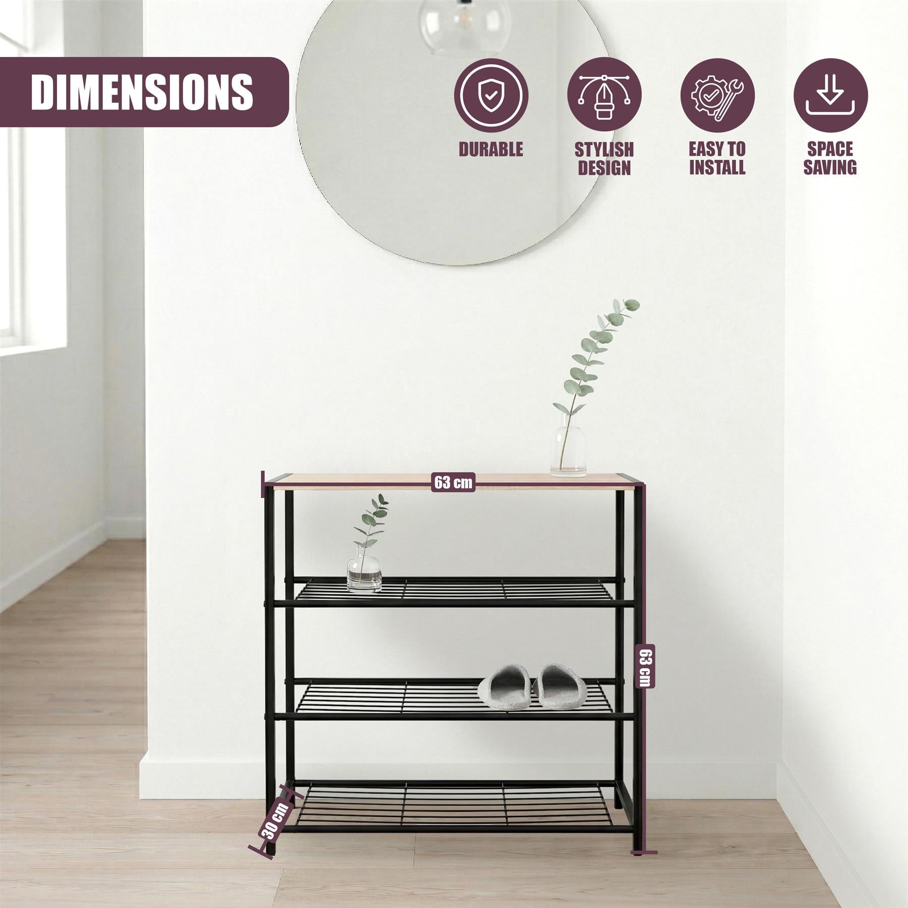 Three rectangular, tiered shoe rack unit with a dark metal frame and slatted bottom.
