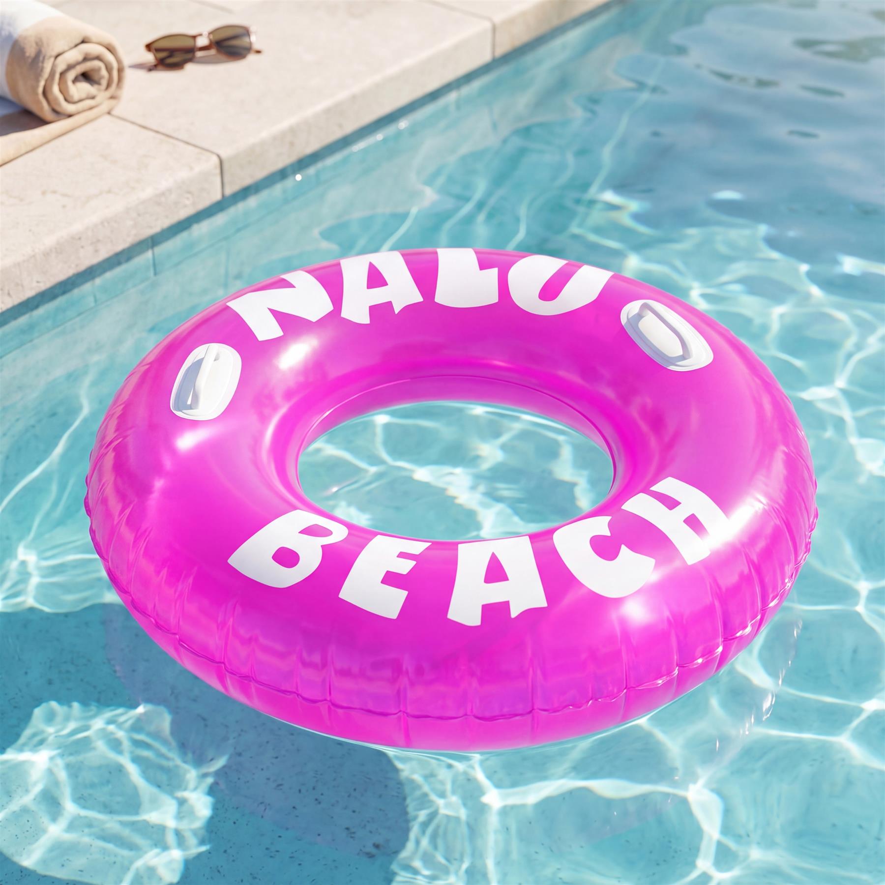 Bright pink inflatable ring with white "NALO" and "BEACH" text floating in clear pool water.