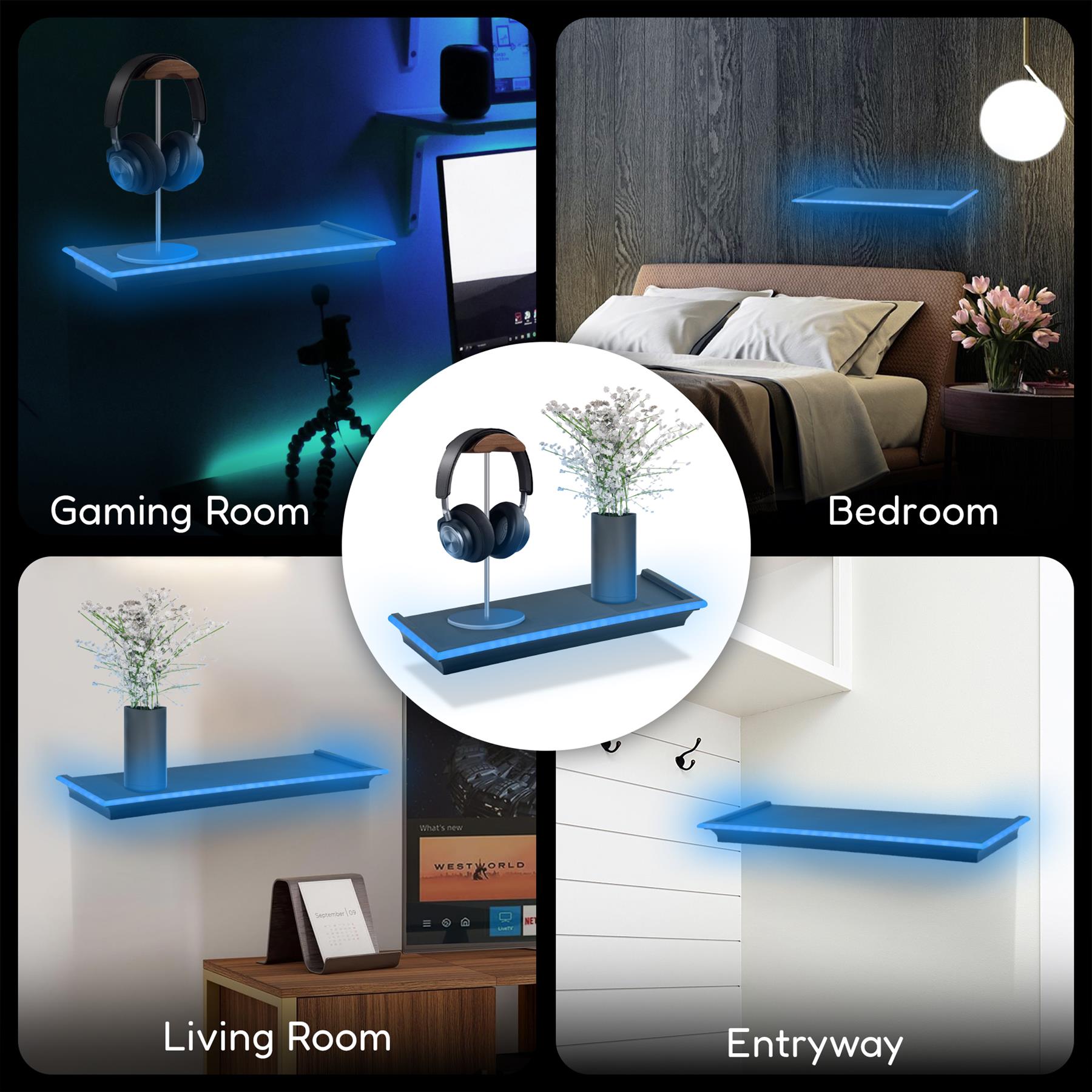 A collage showcasing GEEZY Black Floating Shelves with LED Neon Lights, featuring four settings: a gaming room displaying a headset on the shelf, a cozy bedroom with a shelf above a bed and flowers, a living room setting with a shelf and a decorative flower vase, and an entryway with an empty shelf. The shelves are illuminated with a blue neon glow, enhancing the aesthetic of each space. Ideal for home decor and organization. themagictoyshop