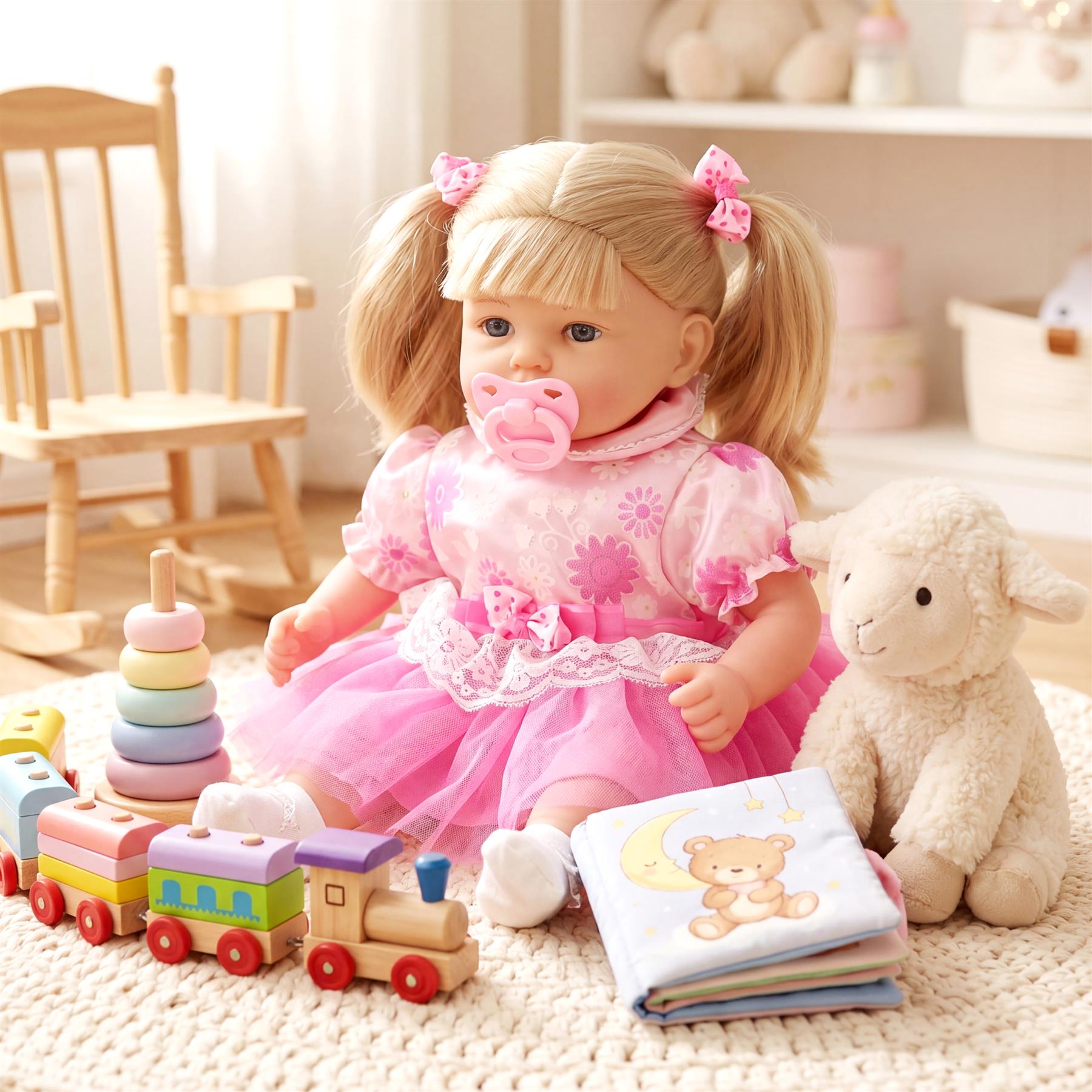 Blonde doll with toys, including train sets, stacked towels, and a white plush lamb.